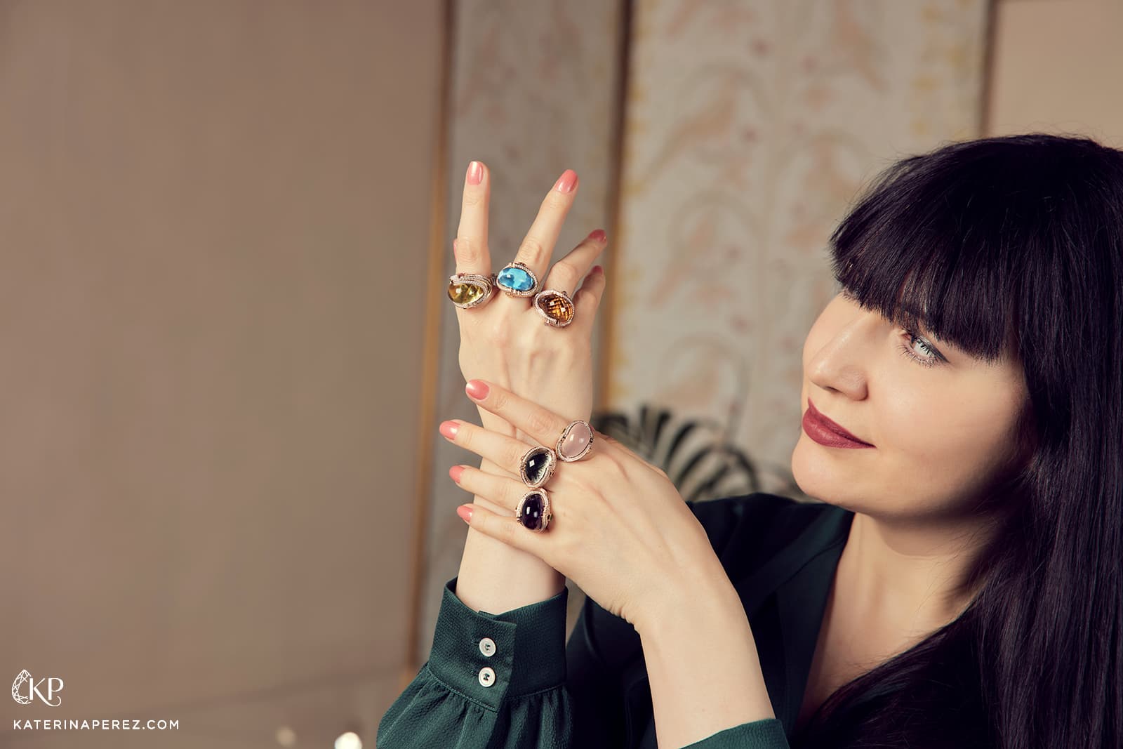  Katerina Perez wears a selection of Turban cocktail rings by Bayt Damas 