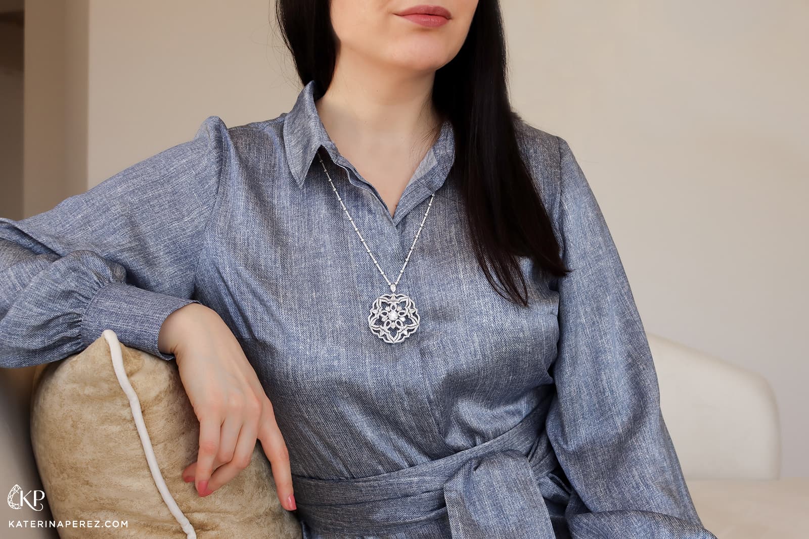 Katerina Perez wears a diamond-set pendant by Atelier Pino Spitaleri