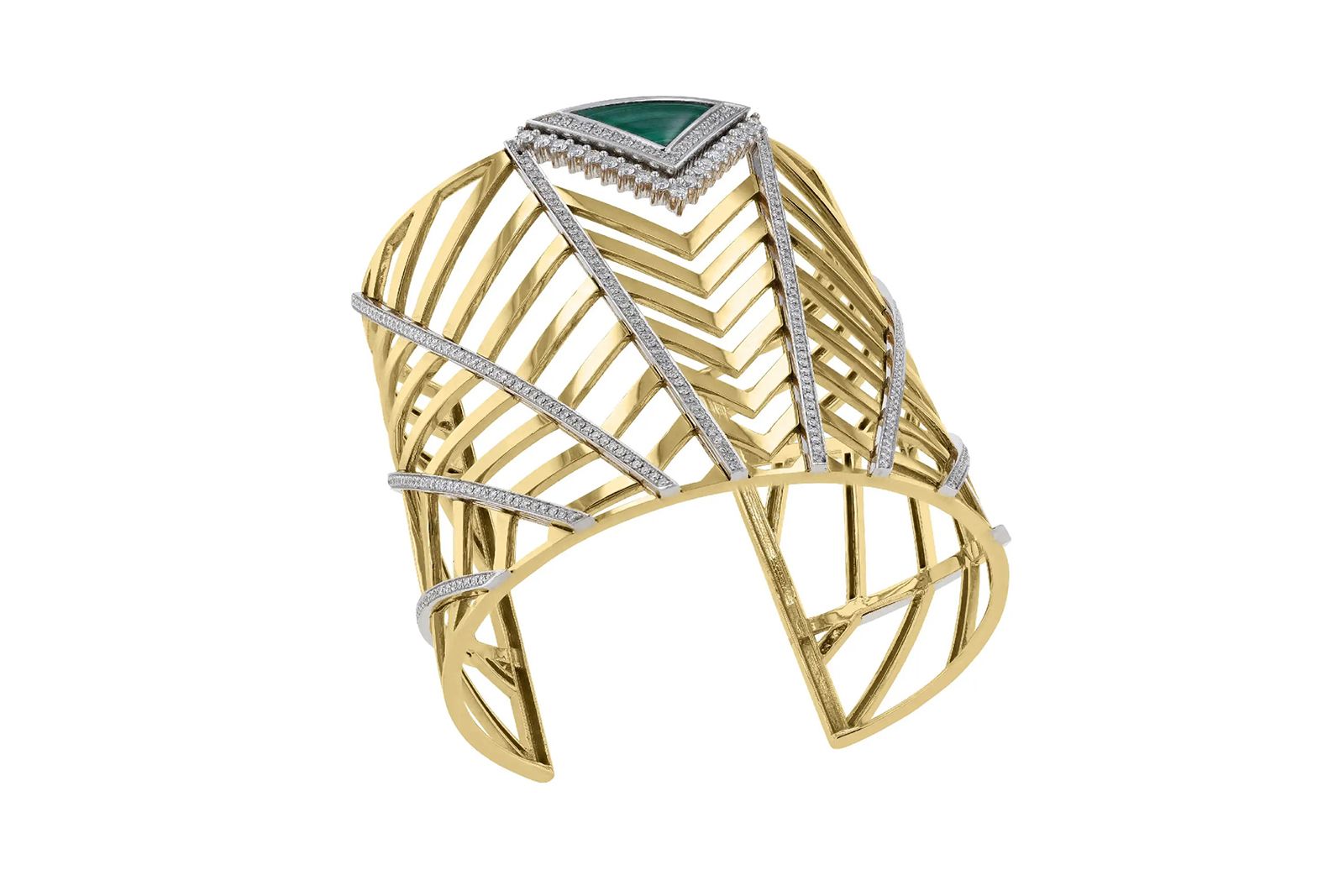 Rock by GS Art Deco cuff bangle with 3.26 carats of diamonds and 5.55 carats of malachite in 18k yellow gold