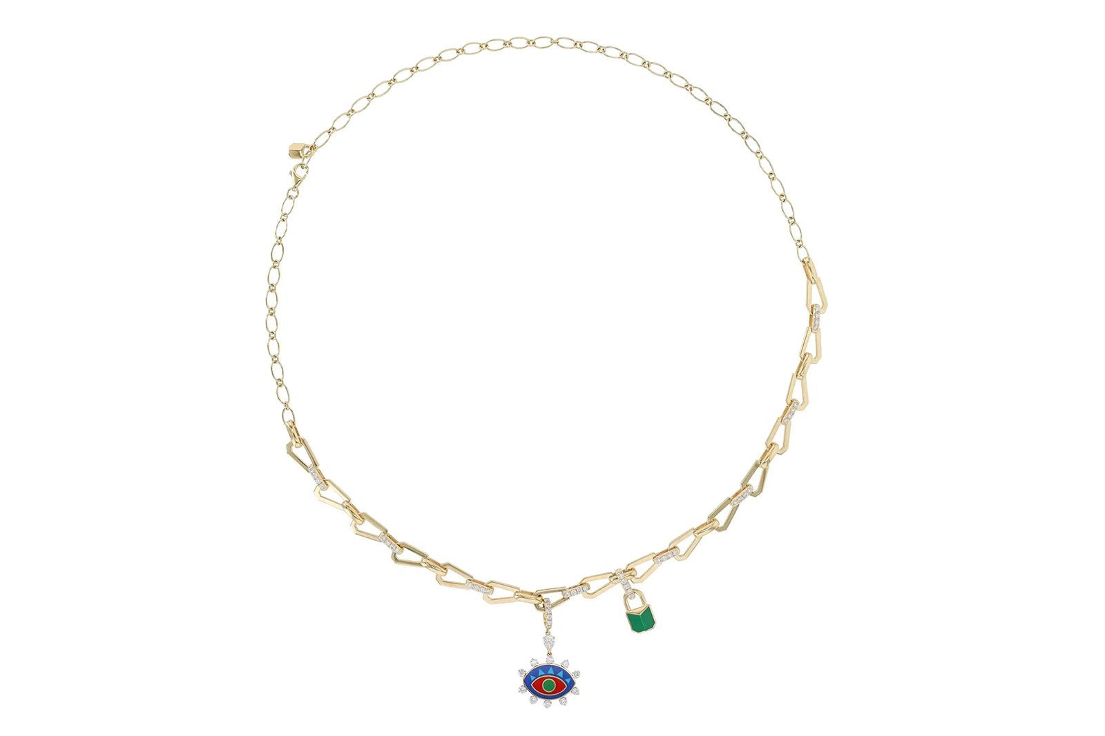  Rock by GS Padlock necklace in 18k yellow gold and diamonds with a clip-on Crazy Eyes charm  