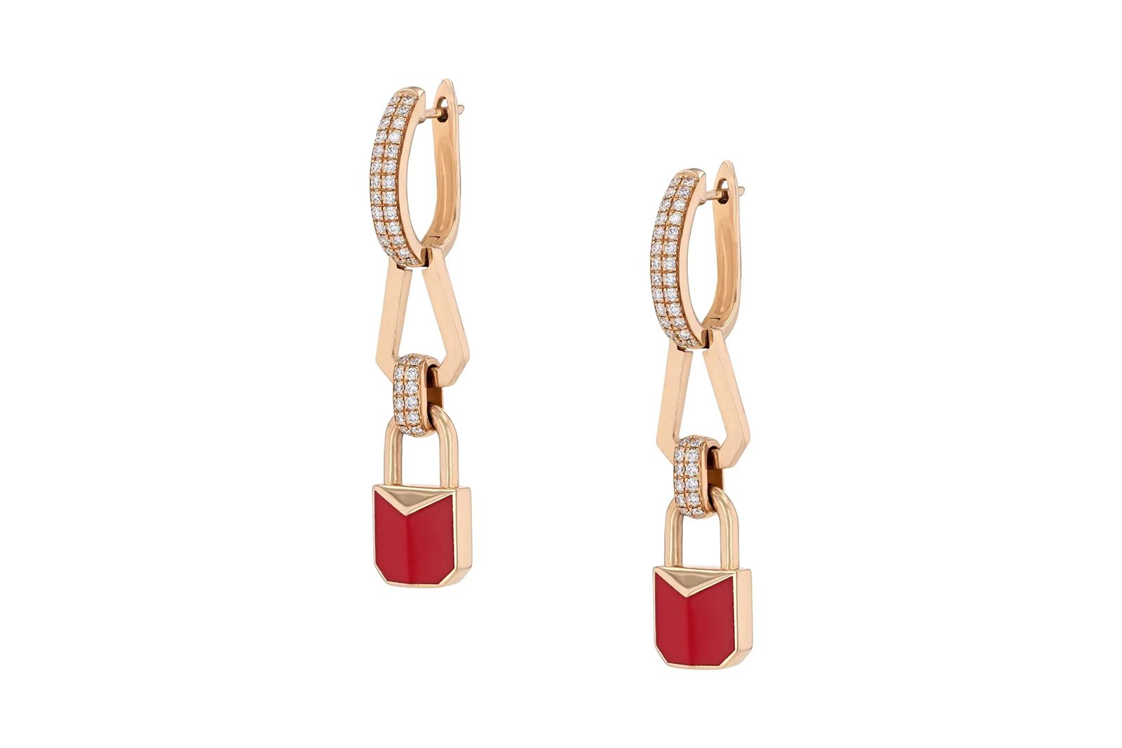  Rock by GS Padlock earrings in 18k rose gold with diamonds and red enamel 