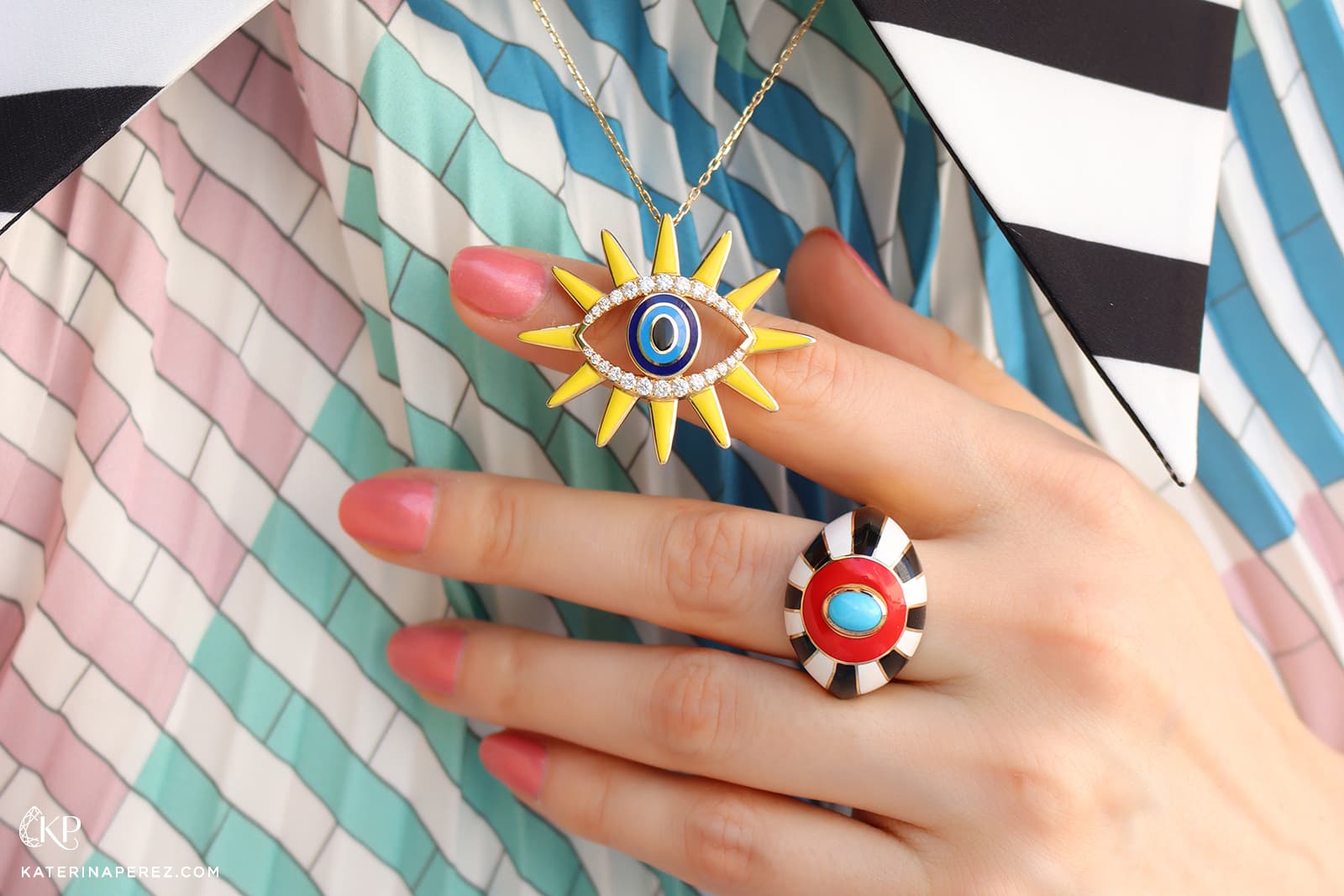  Rock by GS Crazy Eyes pendant and ring with coloured enamel in 18k gold 