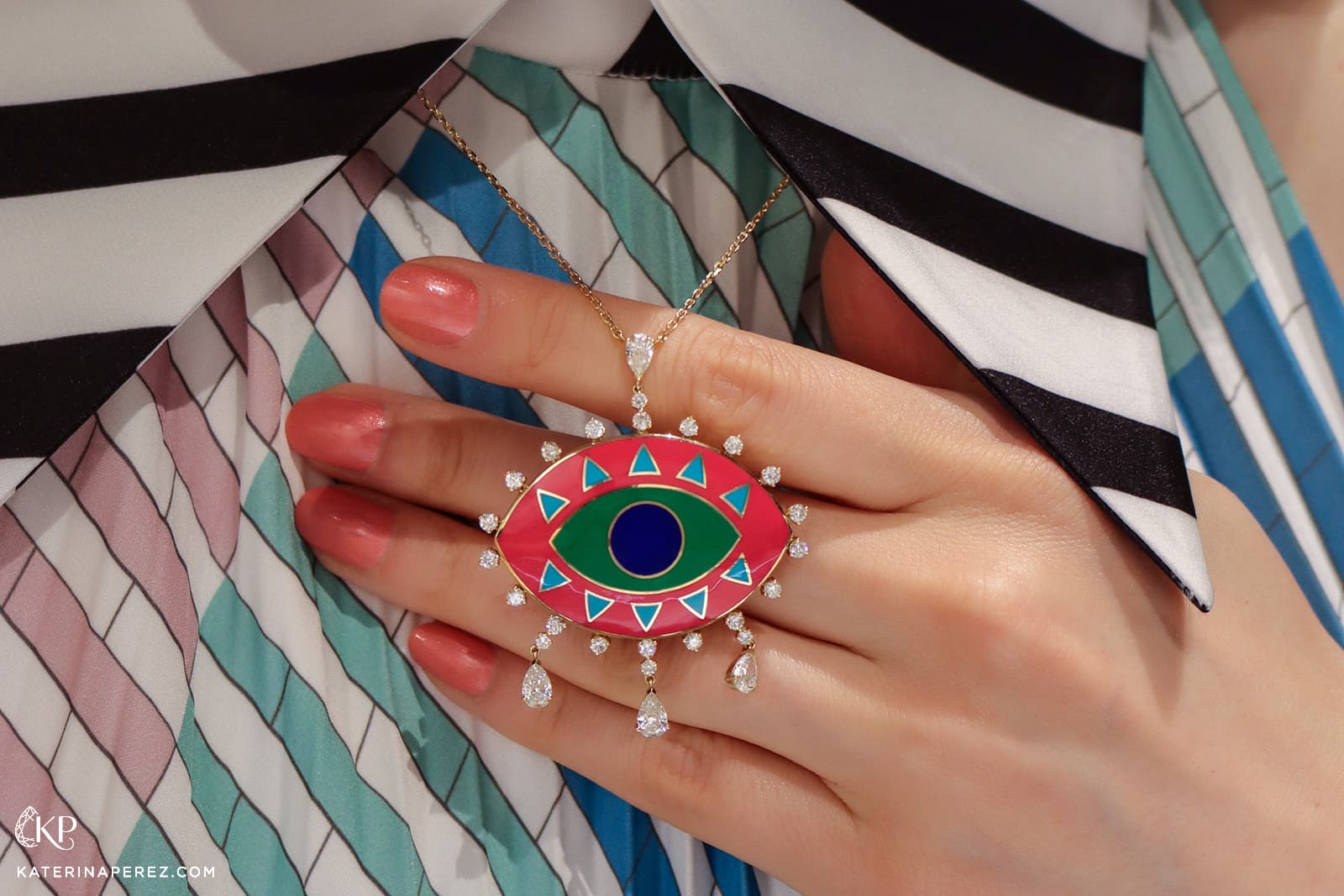 Rock by GS Crazy Eyes pendant with pear-shaped diamond drops and coloured enamel in 18k gold