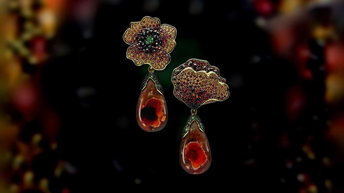 Stanislav Drokin Poppy Earrings with Mexican Matrix opal, spinels, spessartite garnets and sapphires