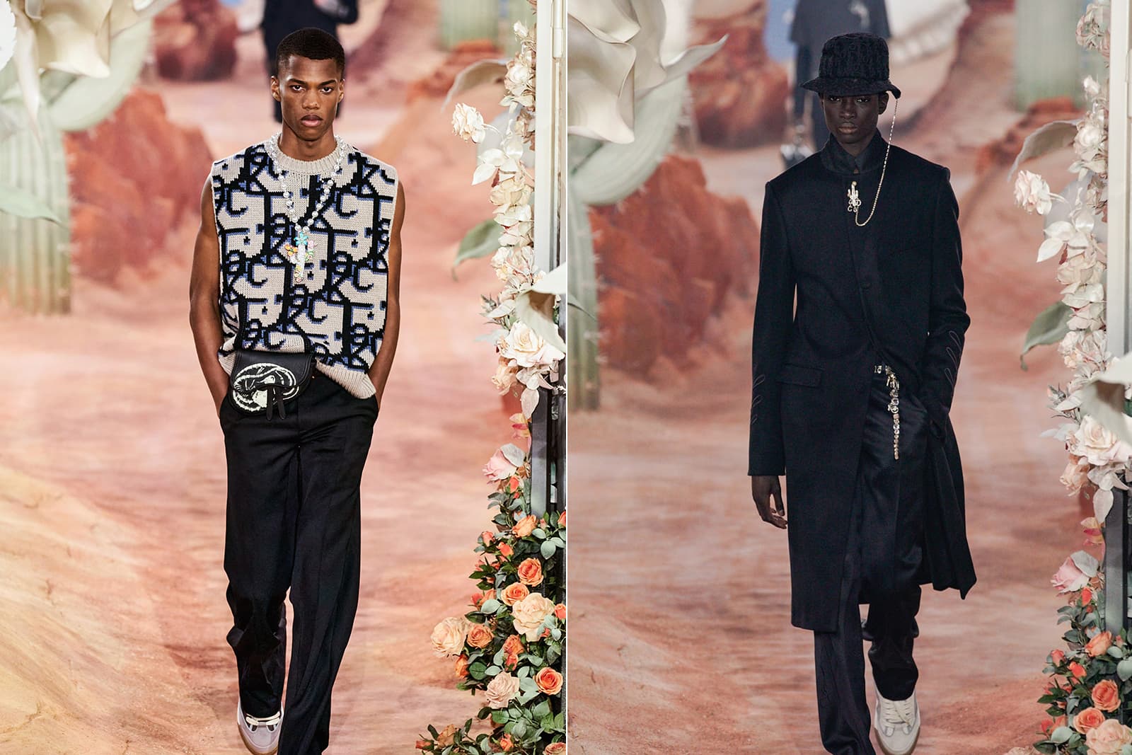  Men's jewellery trends on the SS22 runway at Dior, including lapel pins and long necklaces