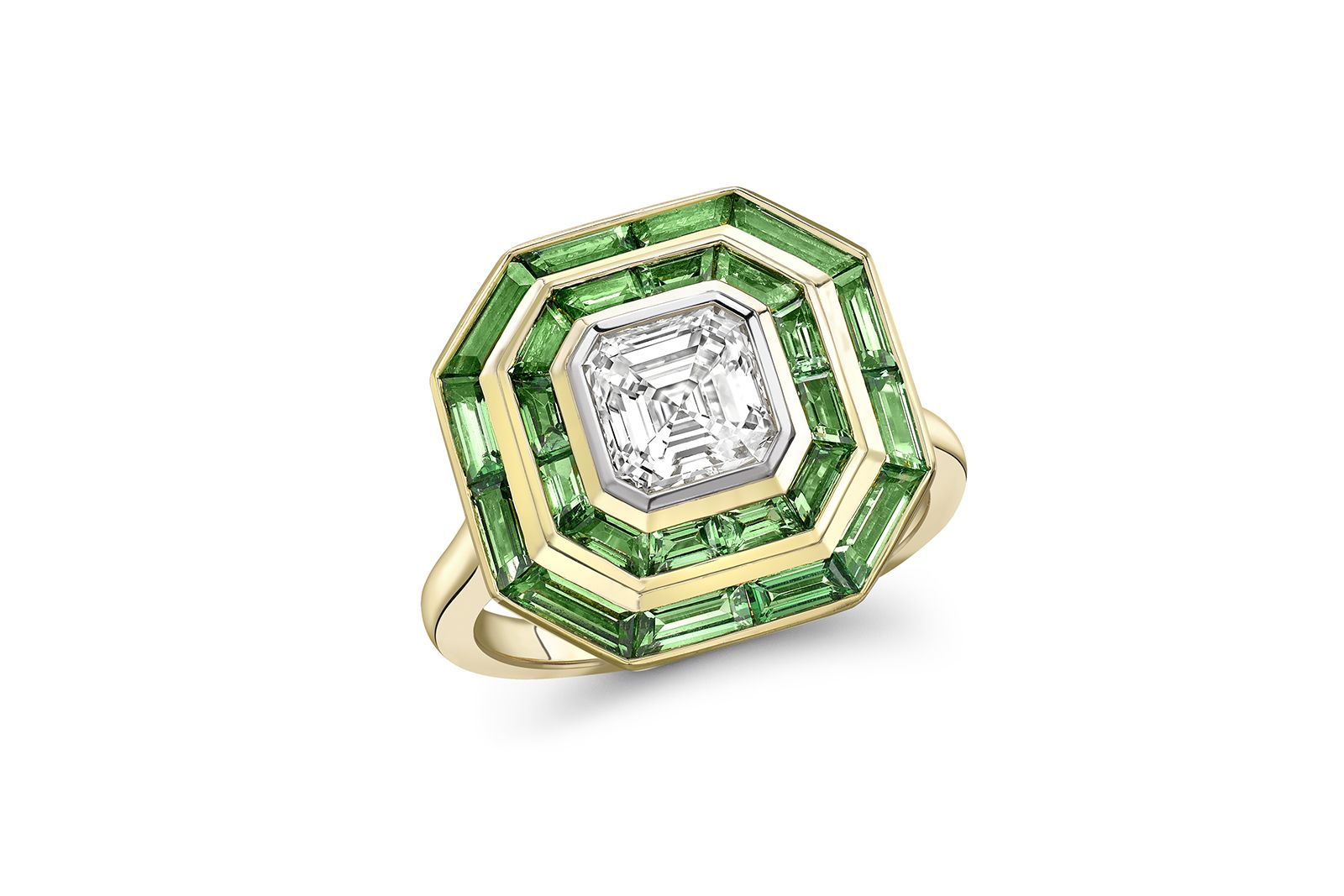  Contemporary 'Target' ring reminiscent of the 1920s by Emma Clarkson Webb with diamonds and tsavorites