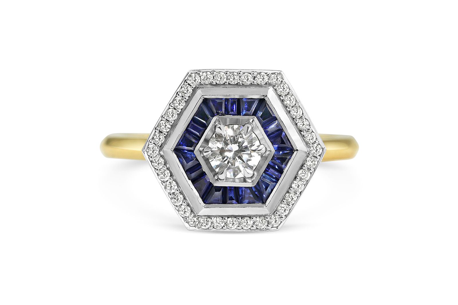  A 1920s inspired 'Target' style ring by Rachel Boston with sapphires and diamonds