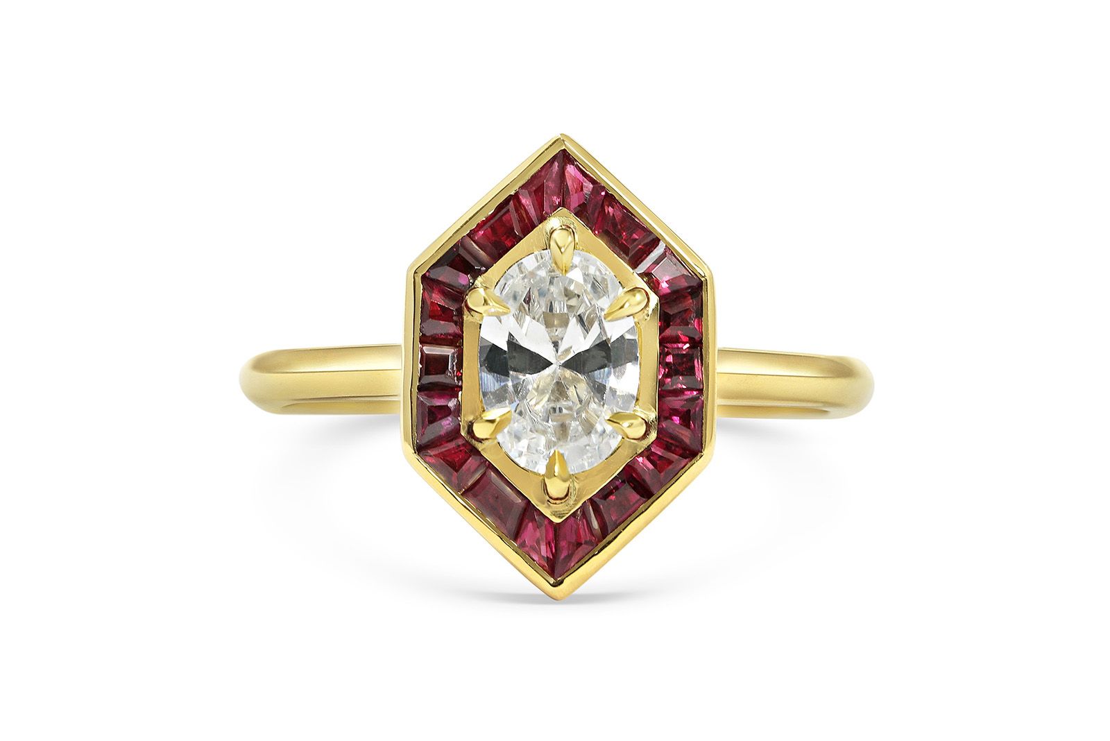  Rachel Boston Rennie ring with a central diamond and rubies in 18k yellow gold, inspired by the 1920s aesthetic