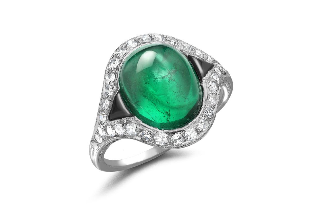 Art Deco ring with a Colombian emerald cabochon of 5.02 carats in platinum offered by Pragnell Fine Jewellers
