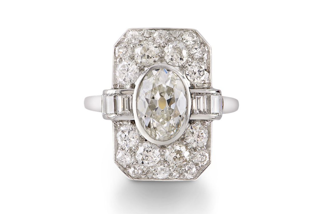  Art Deco diamond plaque ring with a 1.70 carat diamond in platinum offered by Pragnell Fine Jewellers