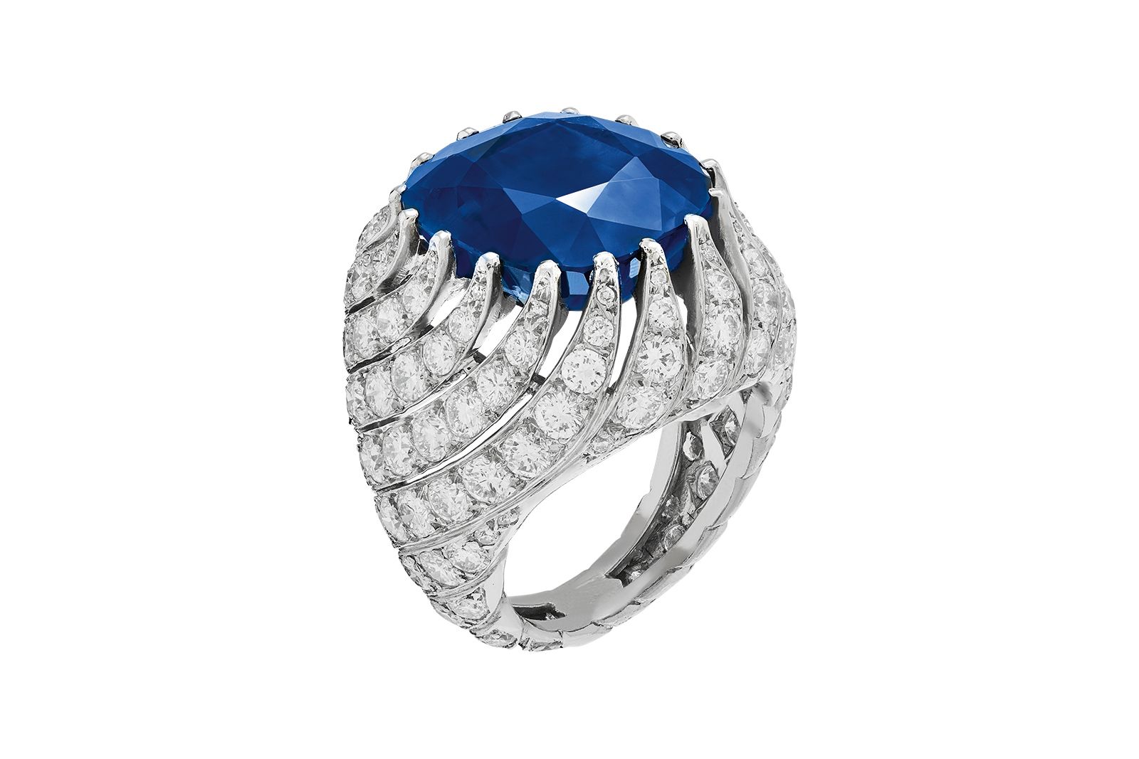  Van Cleef & Arpels Flammes ring from the Heritage Collection, circa 1956, with a 16.05 carat cushion-cut Sri Lankan sapphire and diamonds in platinum