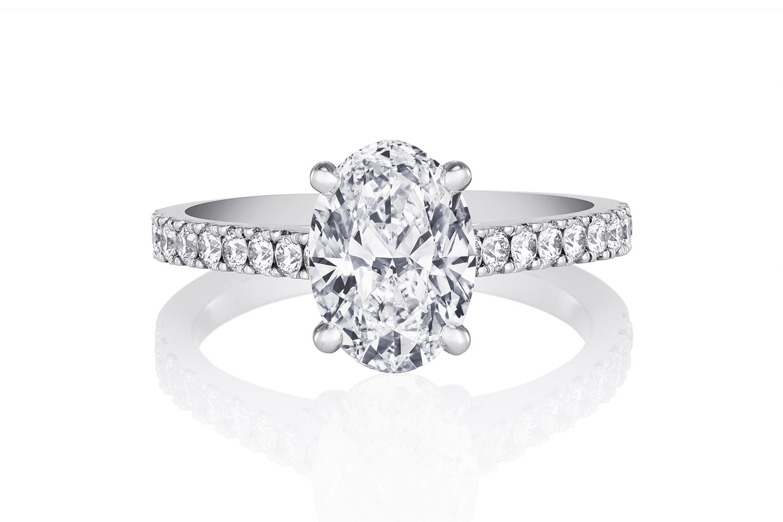  De Beers oval-shaped diamond engagement ring with diamond-set shoulders