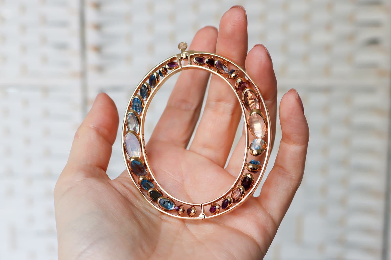 Marie Mas Front Dancing rigid bracelet with nearly 50 carats of gemstones in rose gold