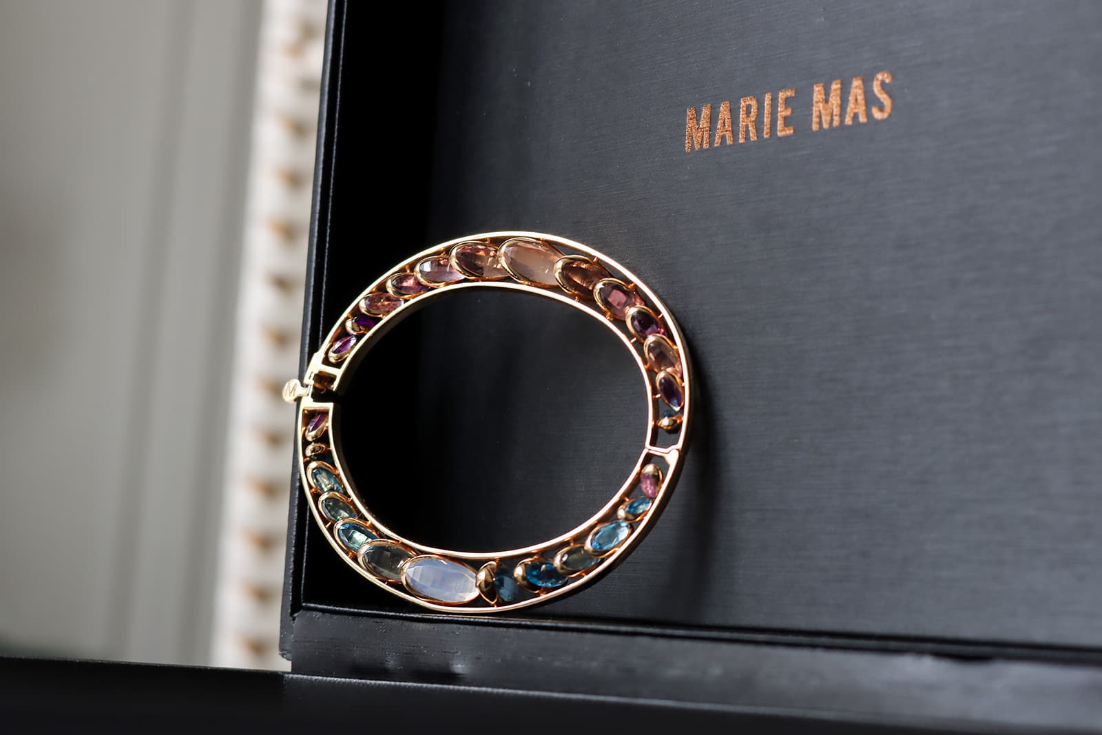  Marie Mas Front Dancing rigid bracelet with rose quartz, amethysts, quartz and topaz 