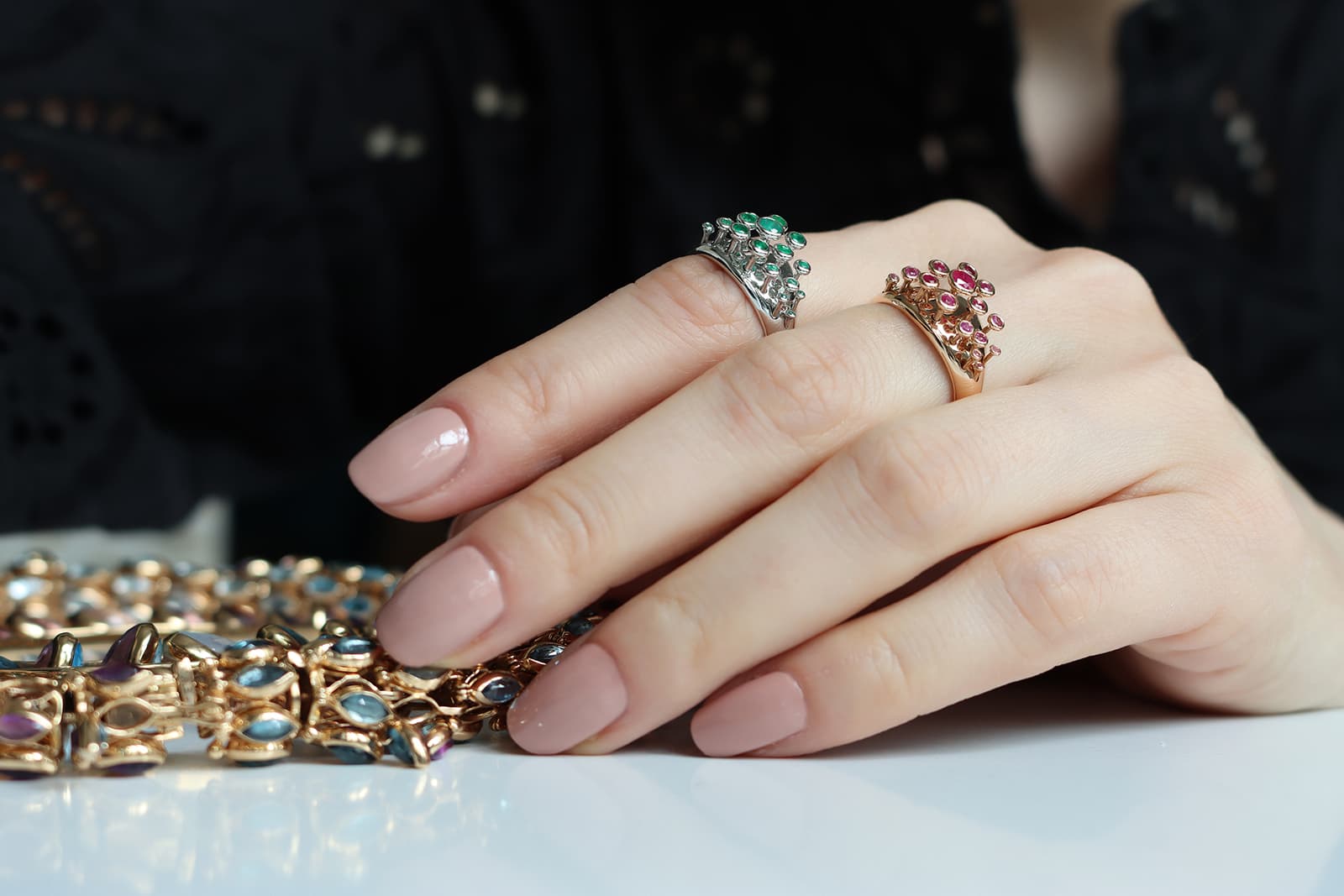  Marie Mas Queen Wave rings with emeralds and rubies