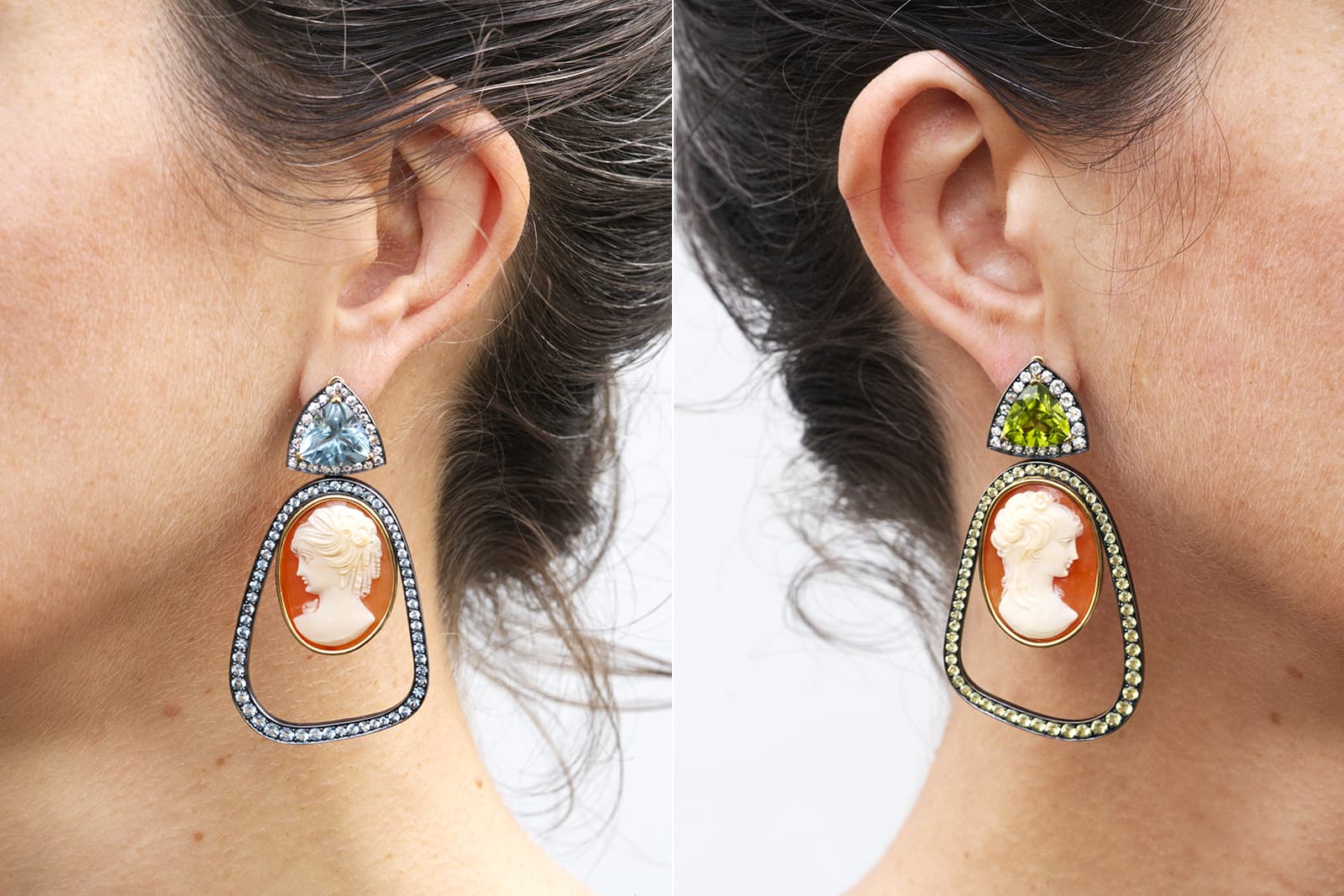  MAD Joaillerie Demoiselles earrings with an aquamarine of 3.47 carats from Madagascar and a peridot of 3.40 carats 