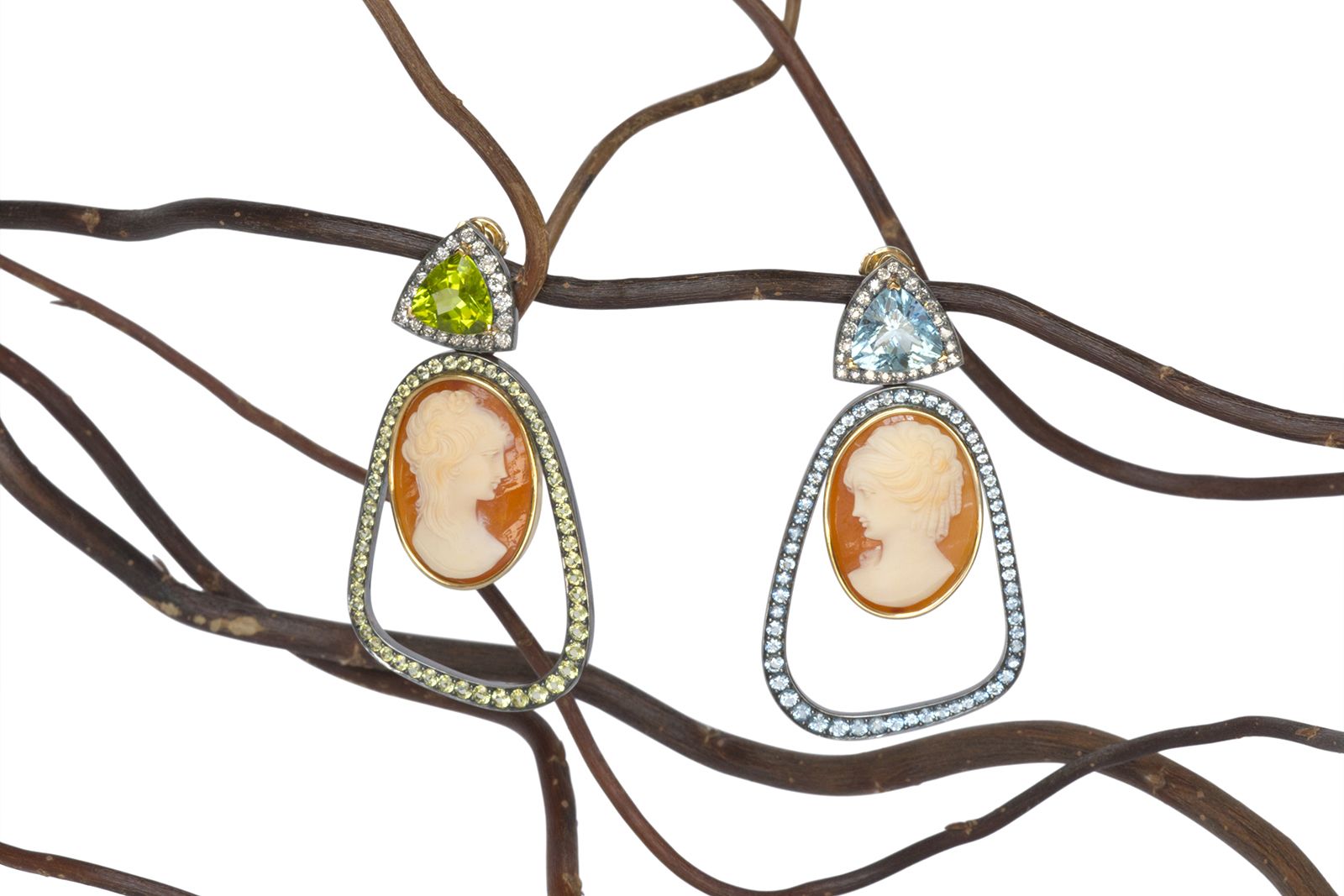 MAD Joaillerie Demoiselles earrings with conch cameos, old mine-cut diamonds, aquamarines and peridots in Fairmined gold and blackened silver