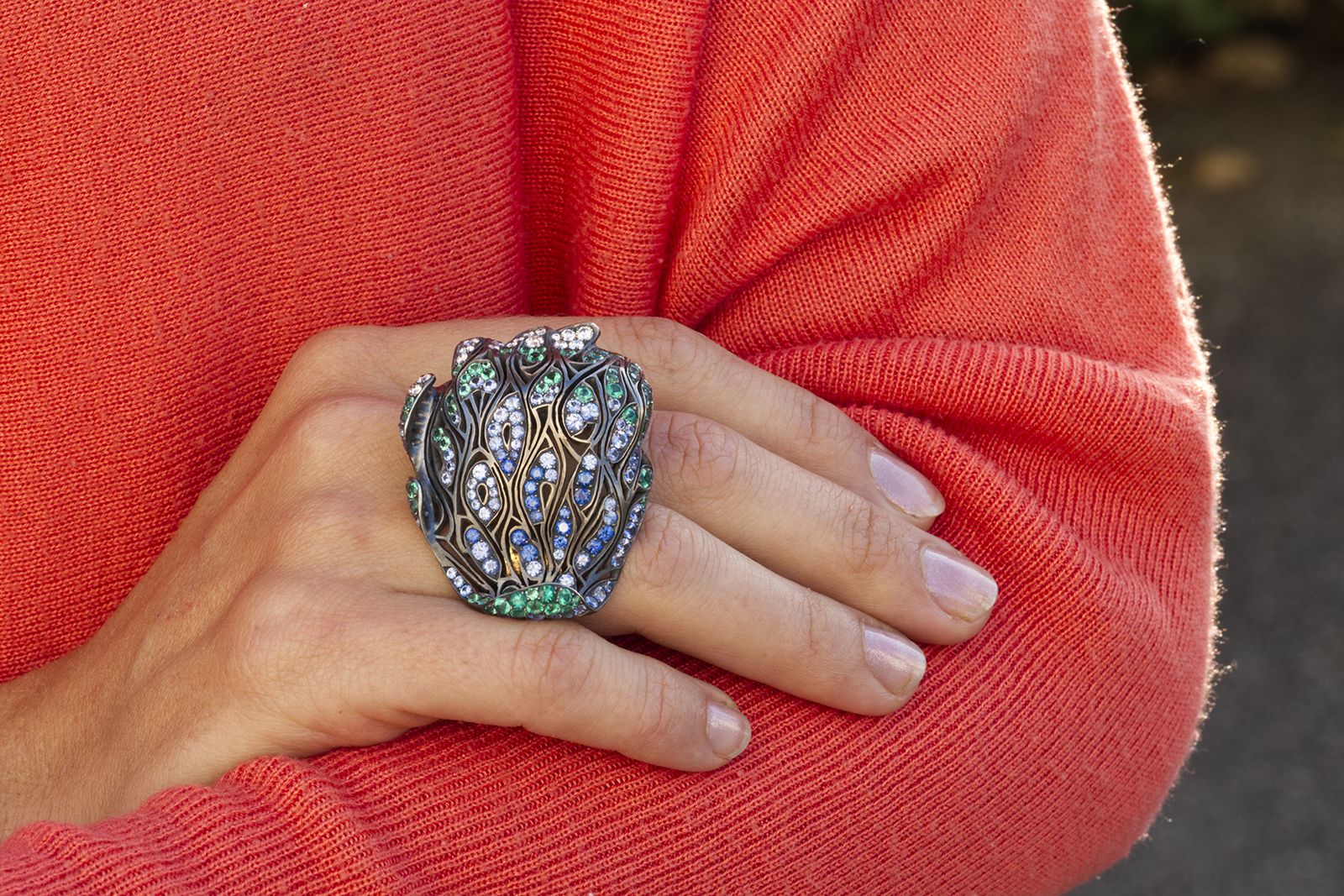MAD Joaillerie Hokusaï's Wave ring with diamonds, sapphires and emeralds in Fairmined gold and recycled silver