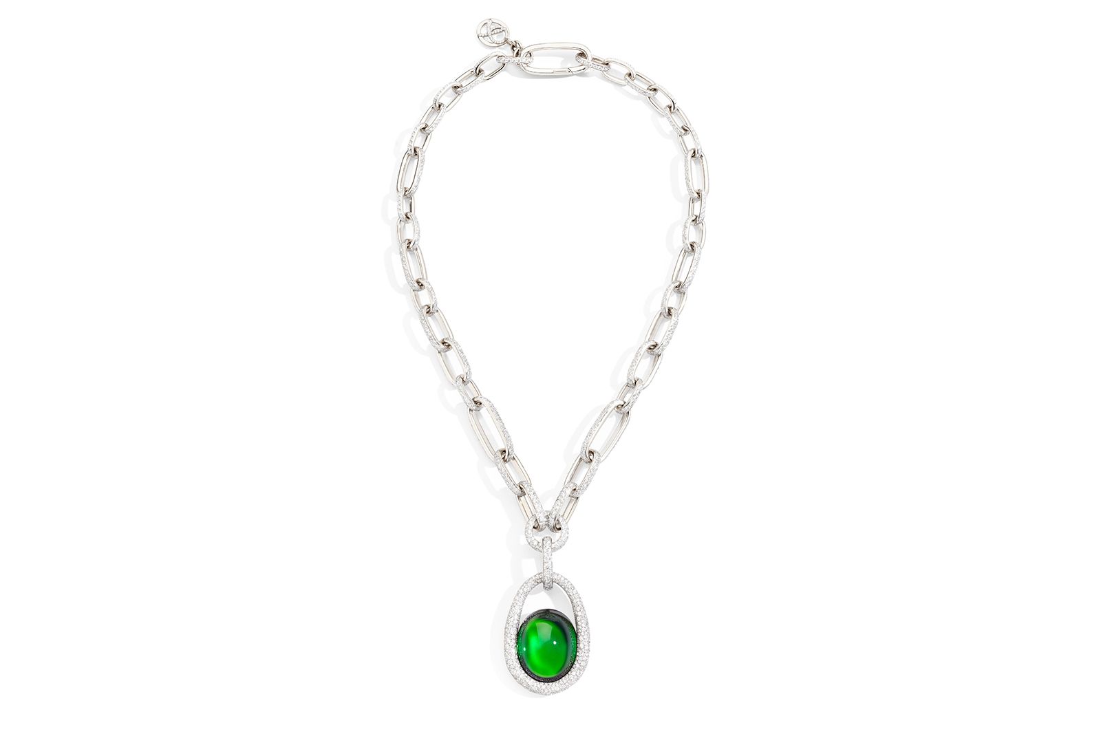  Pomellato La Gioia High Jewellery necklace with a 54.27 carat green tourmaline and 2,143 diamonds, worn by Tiffany Haddish at the Oscars 2022 