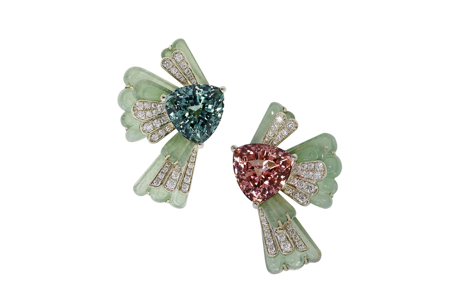  Paradise in Harmony asymmetric earrings with carved jade from the Portraits of Porcelain collection by Simone Jewels