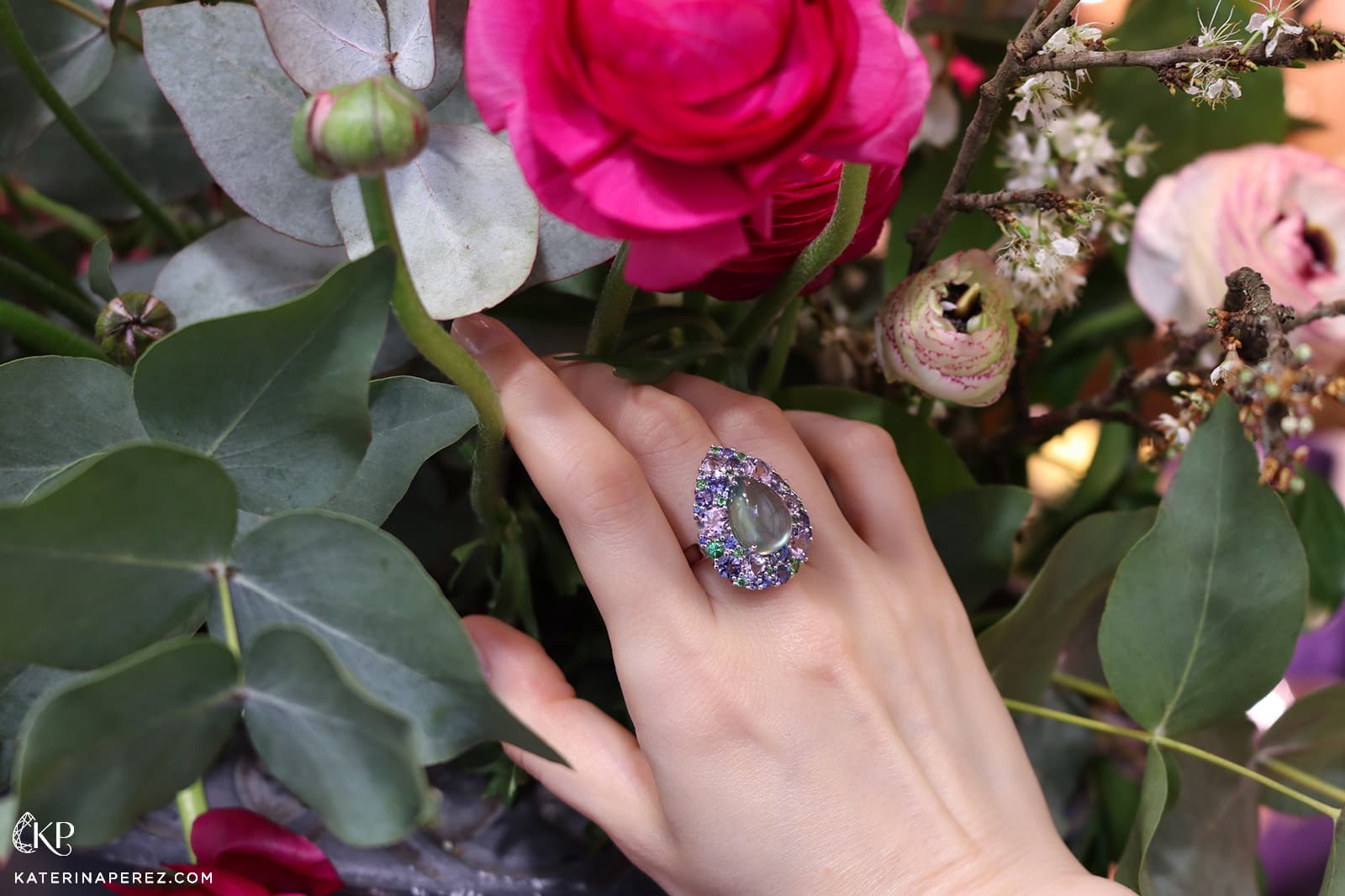 A pear-shaped coloured gemstone cocktail ring by Isabelle Langlois