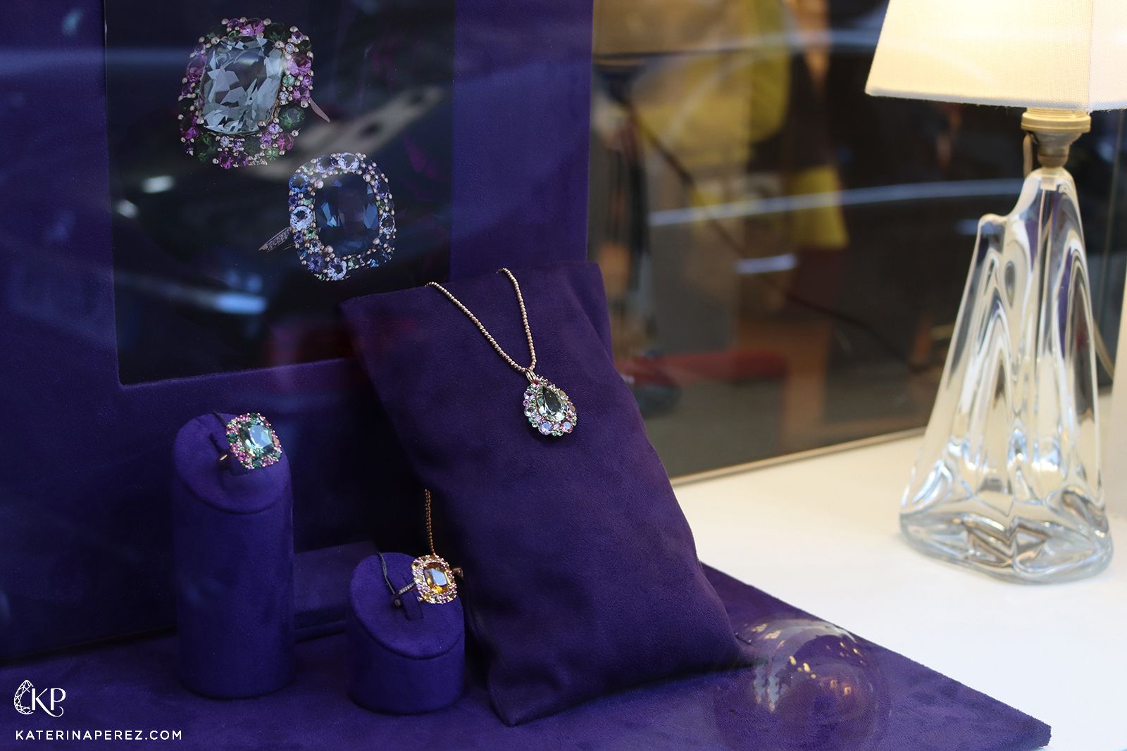 Display cases of coloured gemstone jewellery at the new Isabelle Langlois boutique in Paris