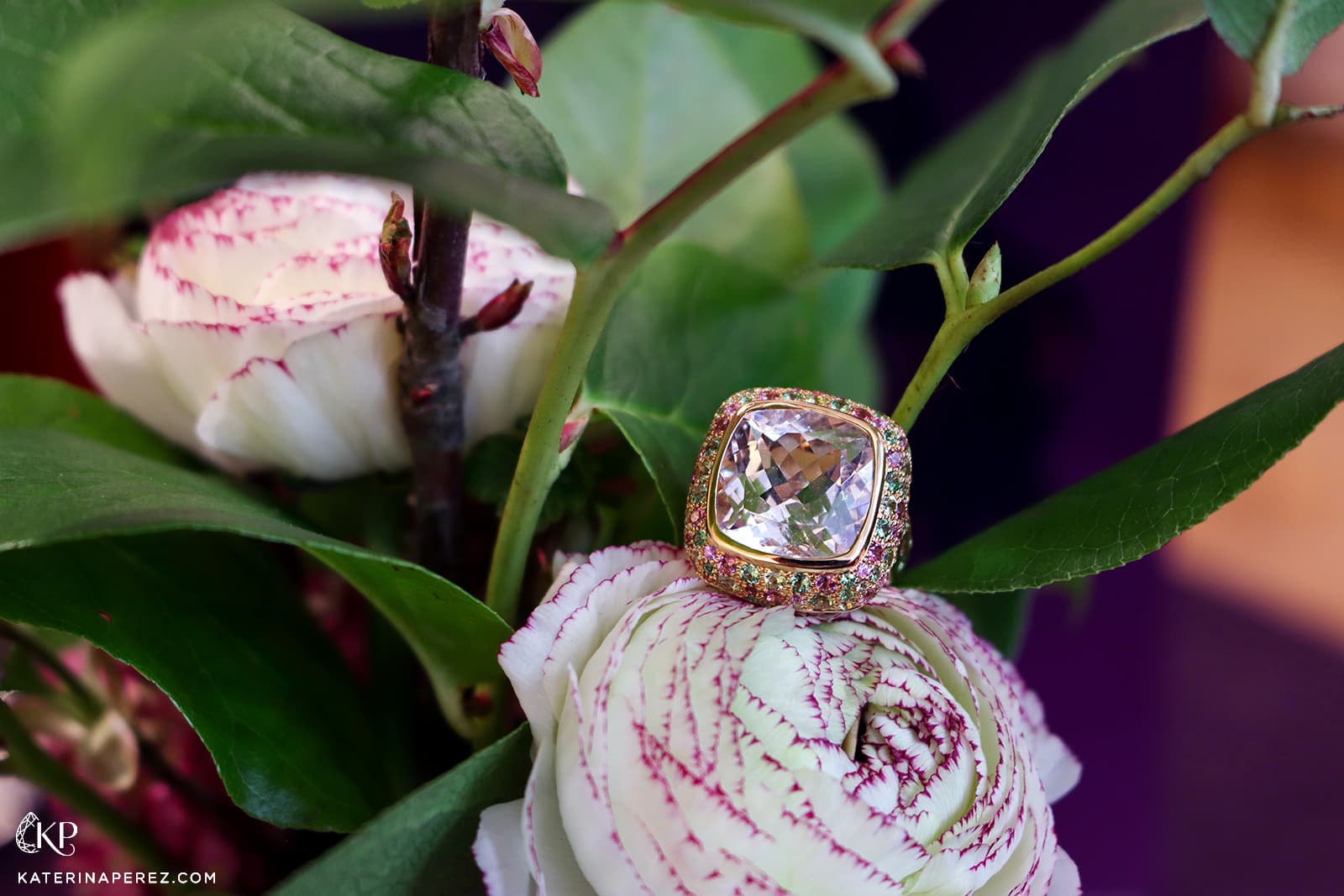  A cocktail ring with a large central gemstone and multi-coloured gemstone mount by Isabelle Langlois