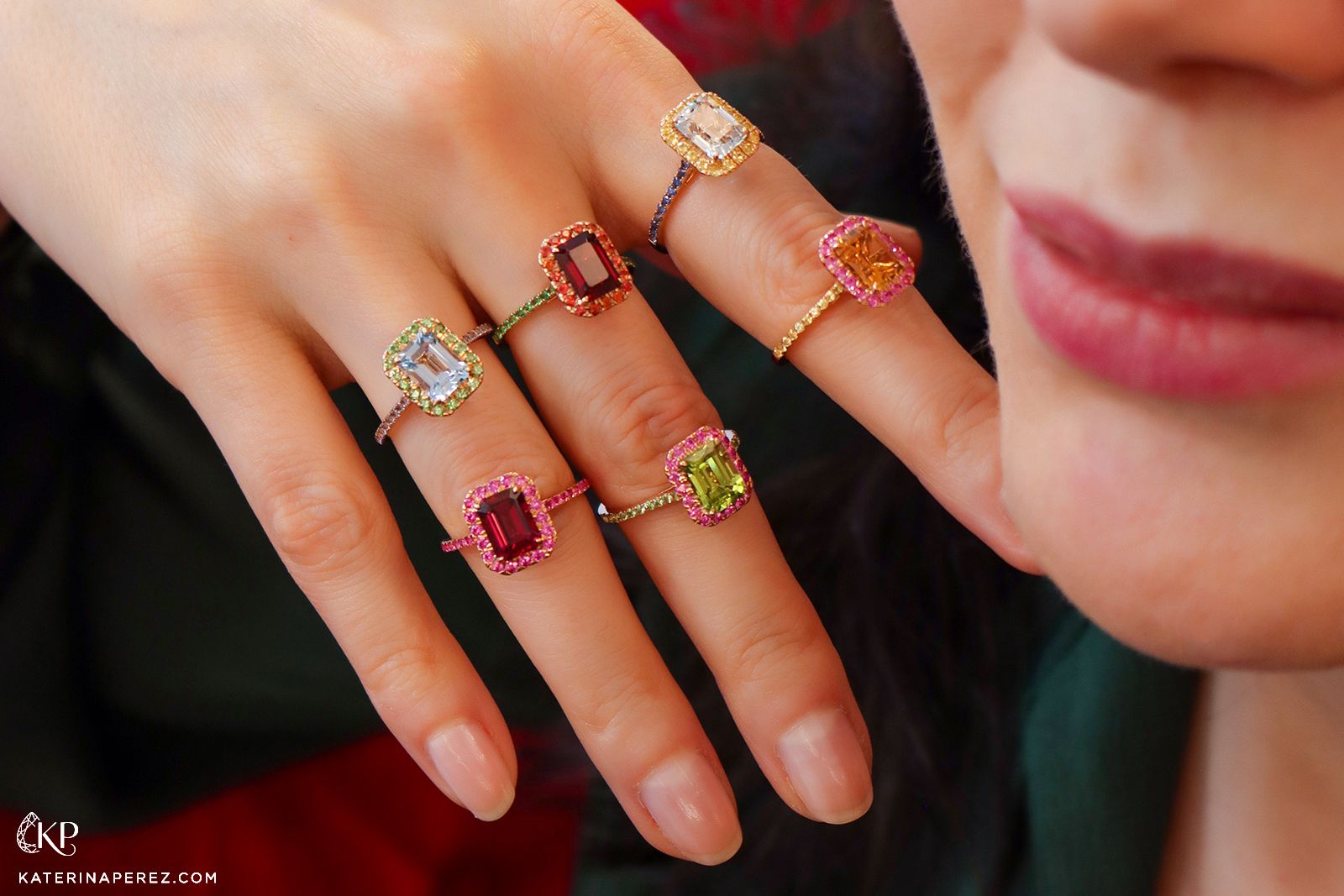  Katerina Perez wears a selection of coloured gemstone dress rings by Isabelle Langlois