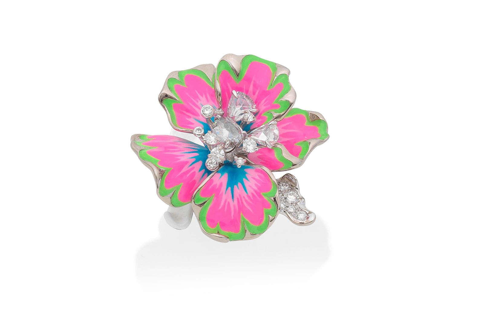  Dior Egratigna Angelique ring from the 2008 Milly Carnivora collection with neon lacquers of white, pink, blue and green and rose and brilliant-cut diamonds (Lot 201, estimate £10,000 -  £15,000)