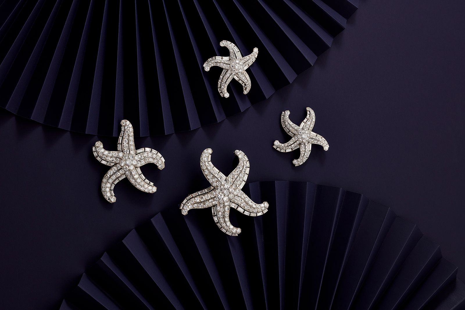 Diamond starfish including two brooches and a pair of ear clips, circa 1935-1940, set with diamonds totalling 32.50 carats (Lot 194, estimate £25,000 - £35,000), due to be sold at the upcoming Bonhams London Jewels auction