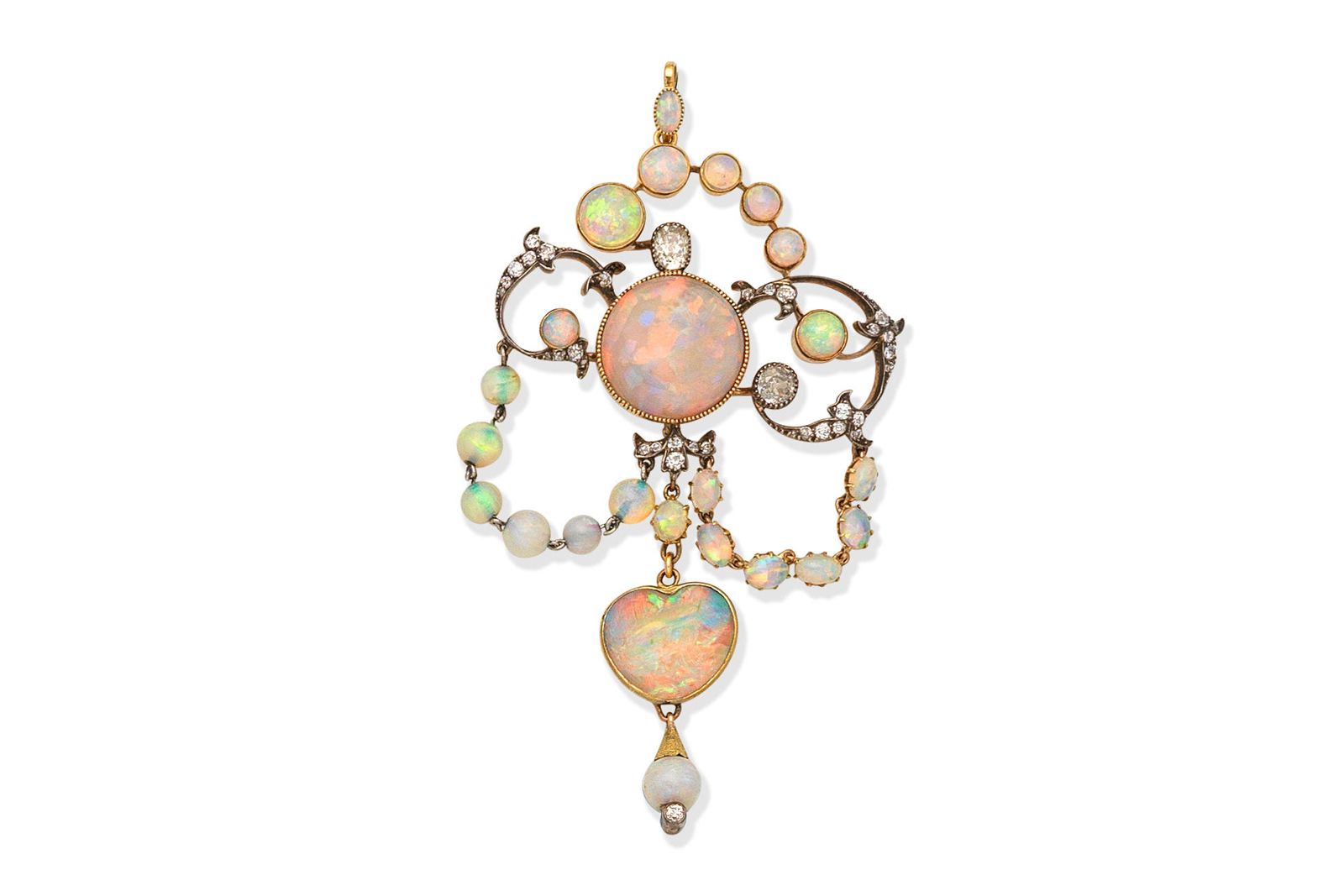  Opal and diamond pendant from the 19th century, set with cabochons, beads and cushion-shaped, old brilliant and rose-cut diamonds (Lot 20, estimate £4,000 - £6,000), part of the Bonhams London Jewels auction 