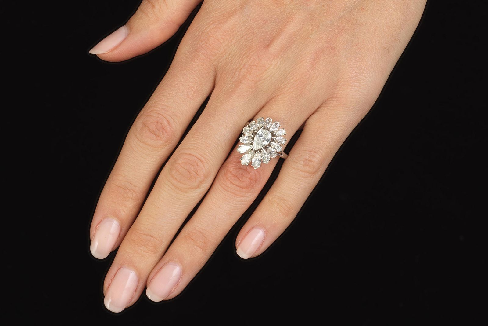  Pear-shaped diamond engagement ring once owned by Dame Joan Collins (Lot 146, estimate £6,000 - £8,000), featured in the Bonhams London Jewels auction