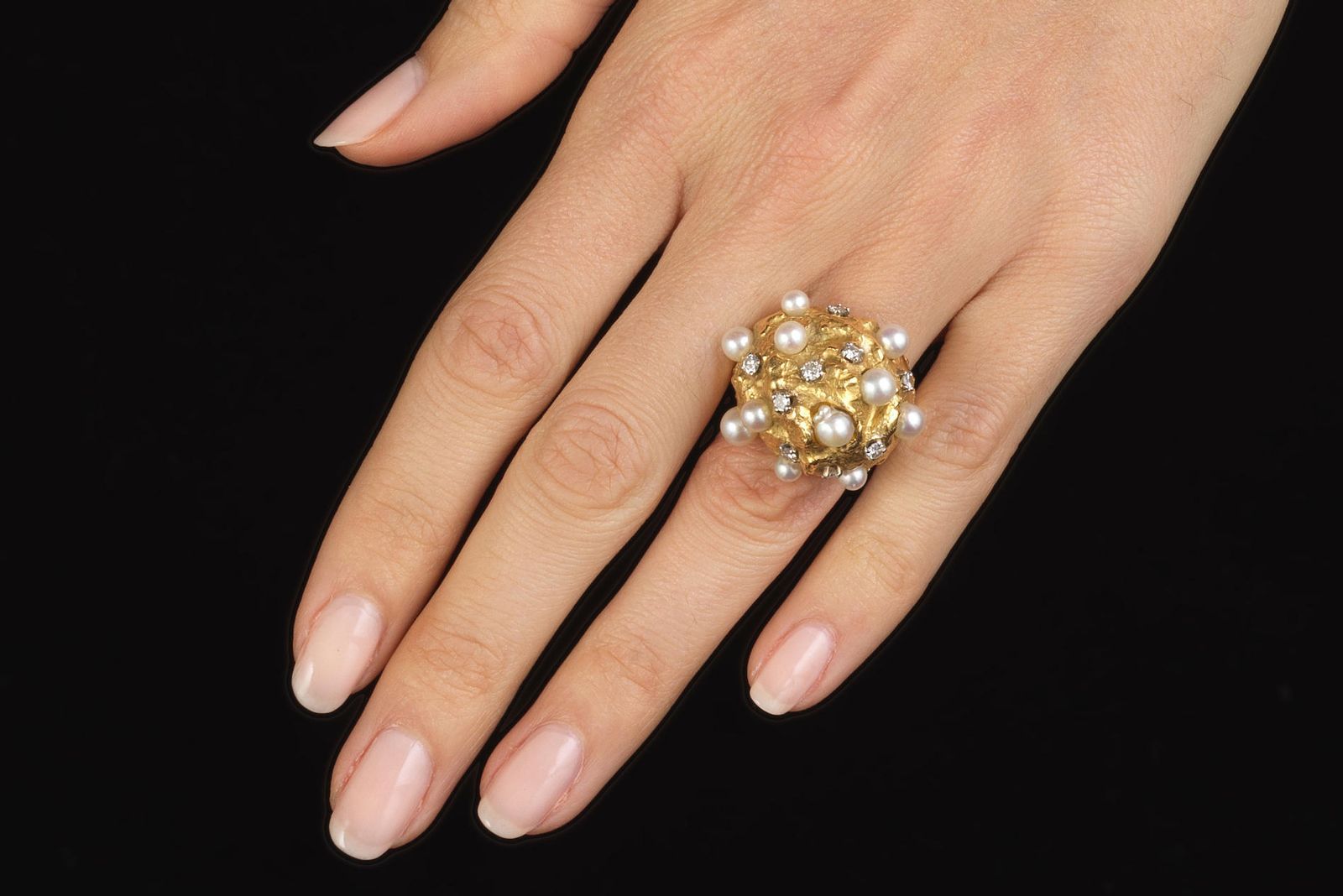  David Webb cultured pearl and diamond engagement ring once owned by Dame Joan Collins 