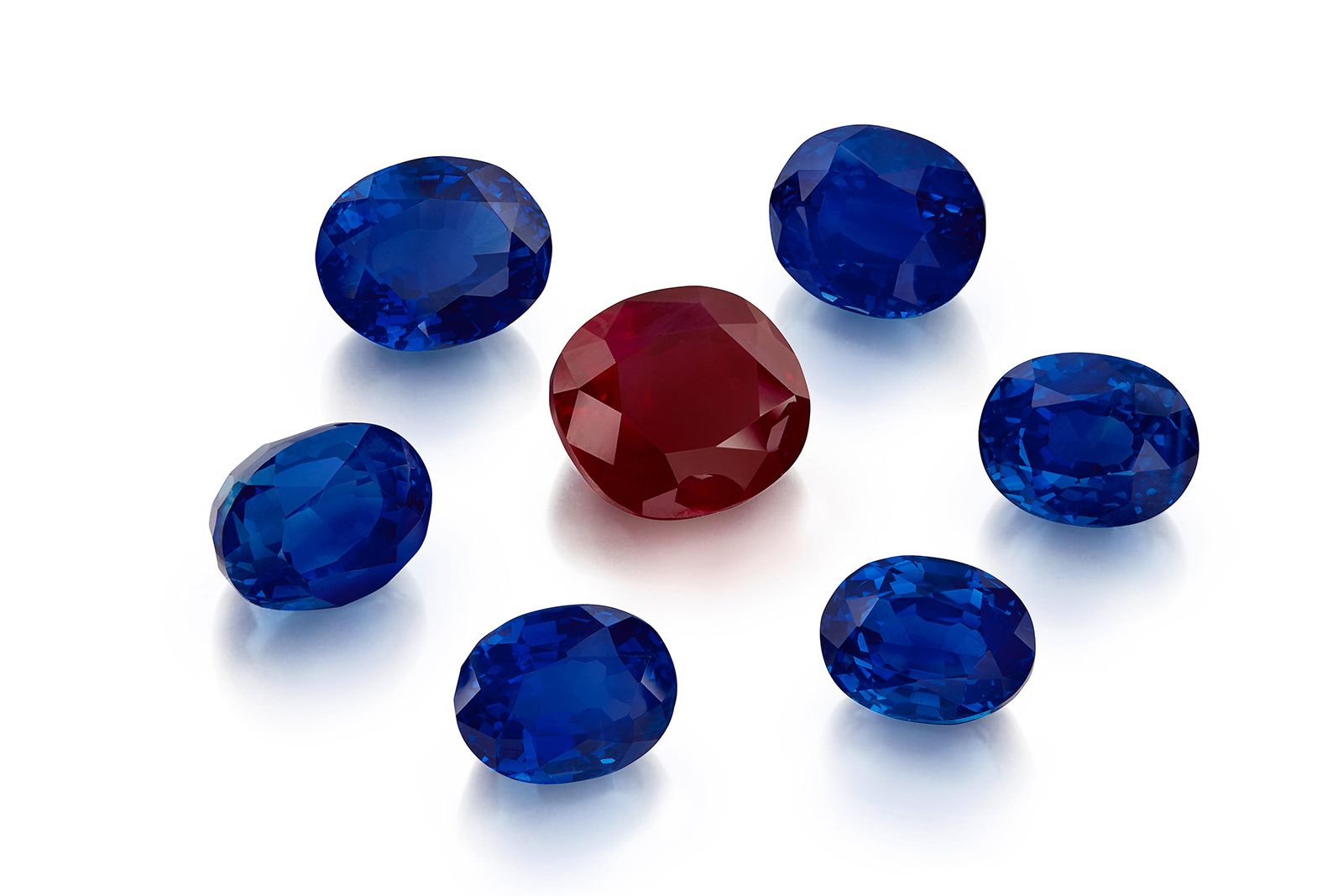 Lot 234 in the Bonhams London Jewels sale comprises six Kashmir sapphires and one Burmese ruby (estimate £390,000 - £450,000) 