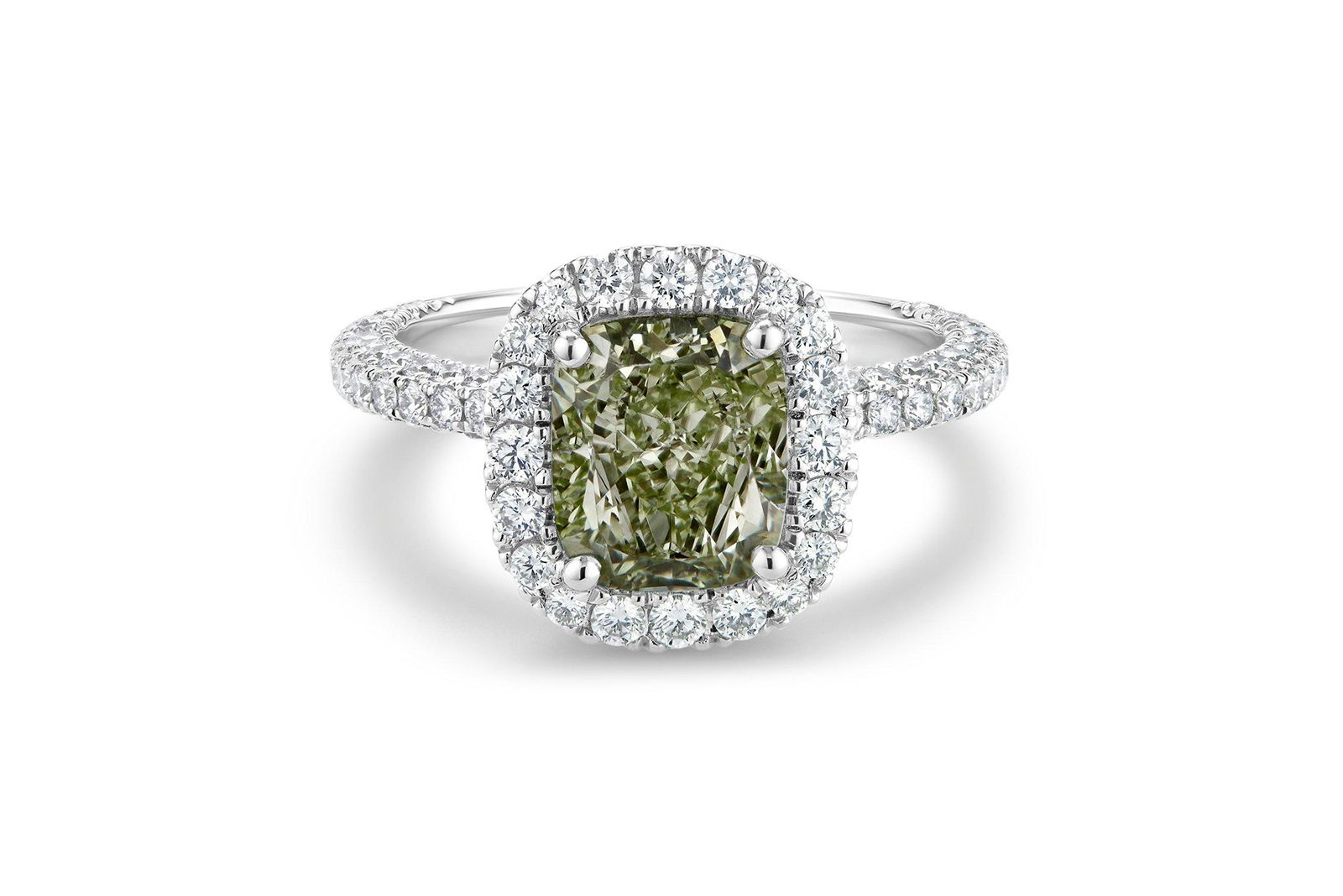  De Beers Aura solitaire with yellowish green cushion cut diamond