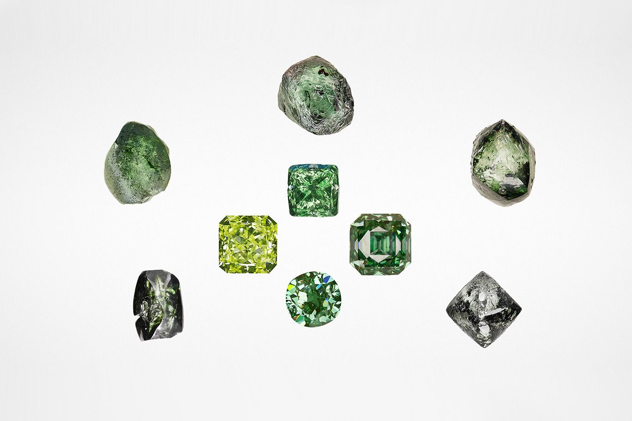 Green diamonds in rough and faceted form. Photo courtesy of GIA