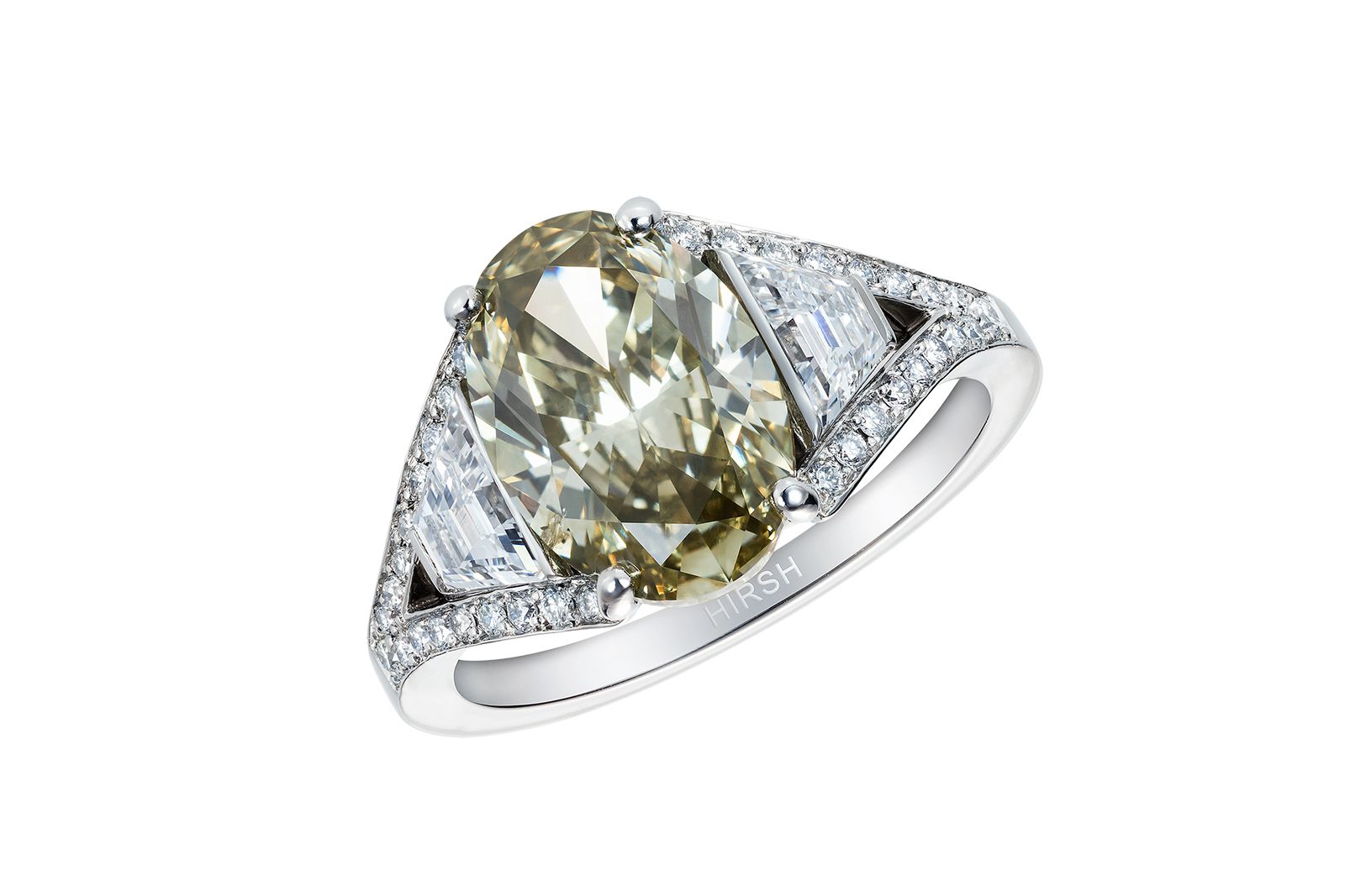  Majestic Olive green diamond ring by Hirsh London with 3.02 carat oval diamond natural fancy grey-greenish yellow