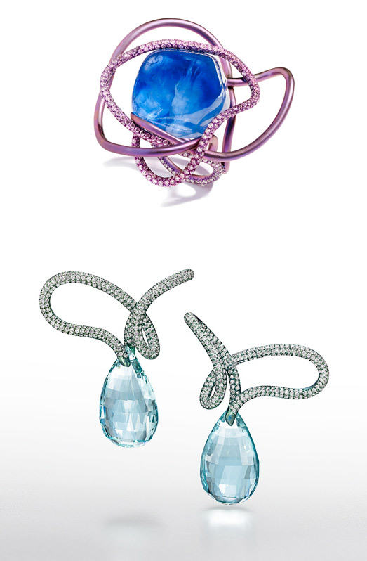 Above: "Sugar Baby Love" titanium ring with a sapphire and "Tie That Knot" earrings with diamonds and beryls