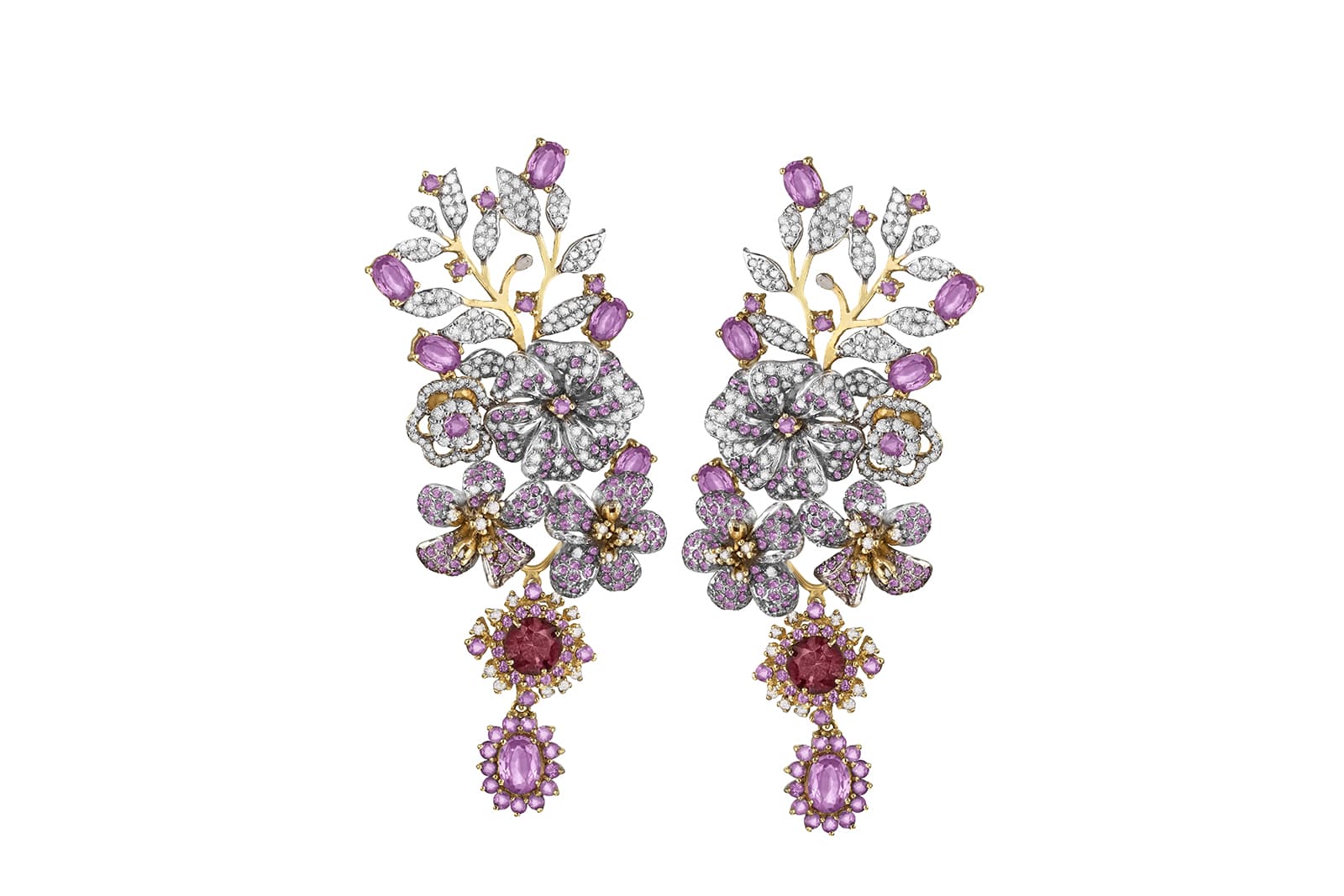  Goldesign flower earrings in shades of pink and red with diamonds in yellow gold