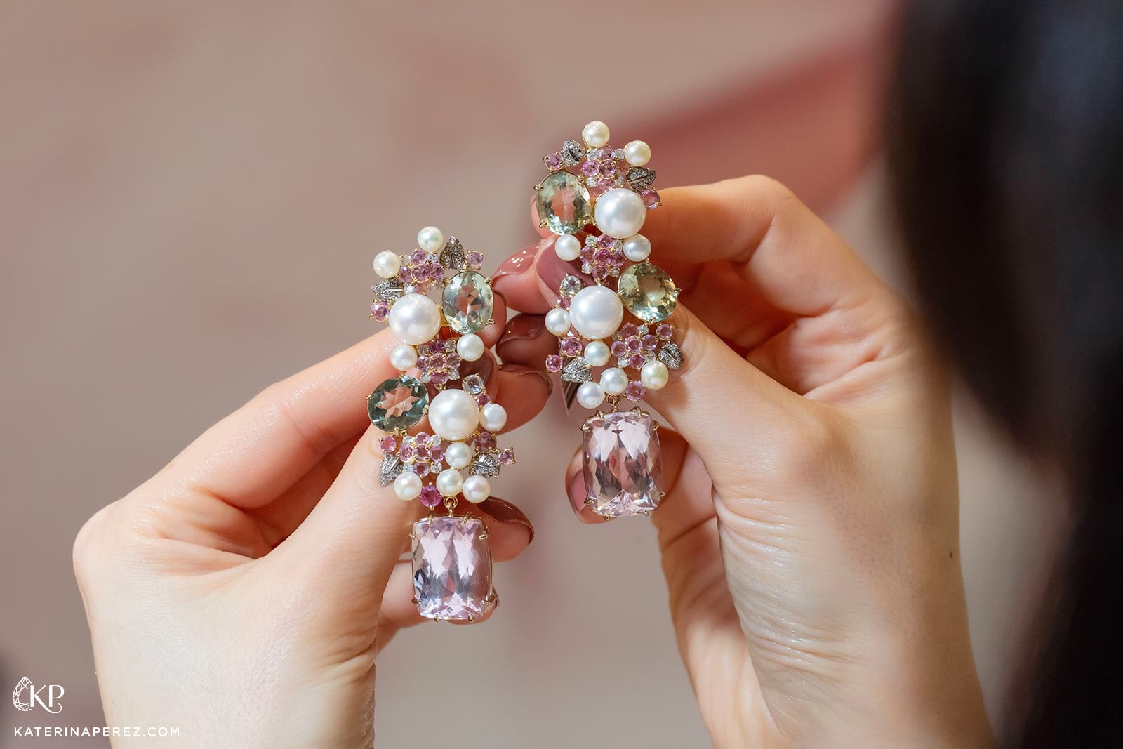  A pair of Goldesign earrings with floral motifs, coloured gemstones, diamonds and pearls