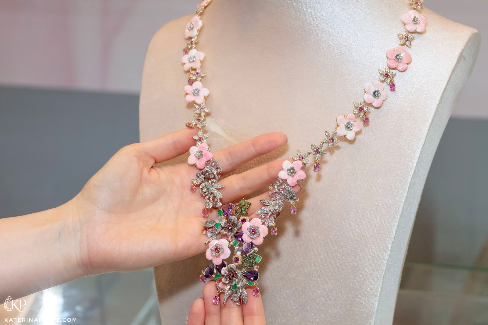  Goldesign necklace with carved gemstone flowers and diamonds 