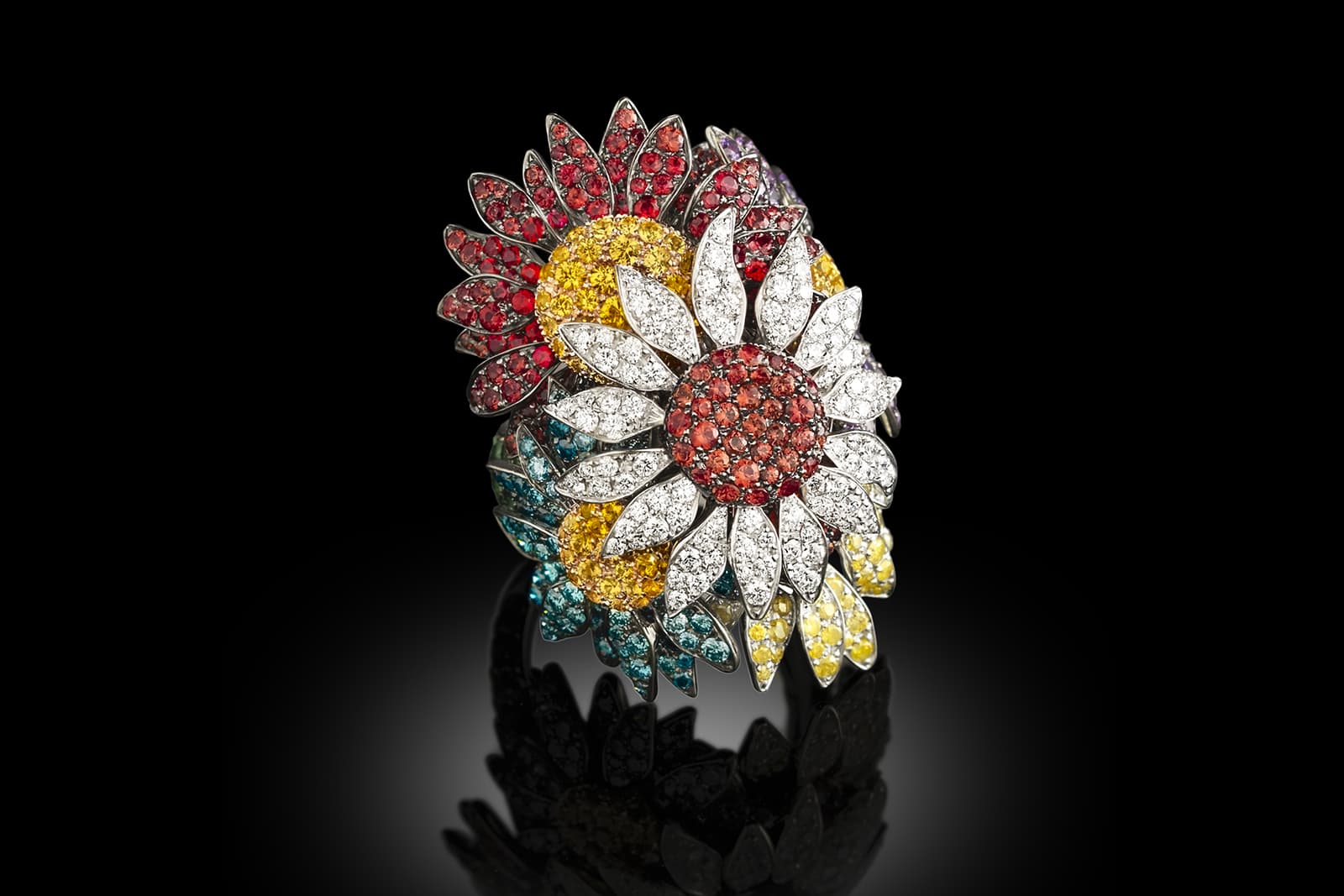  Palmiero Sunflower ring with multi-coloured gemstones and diamonds