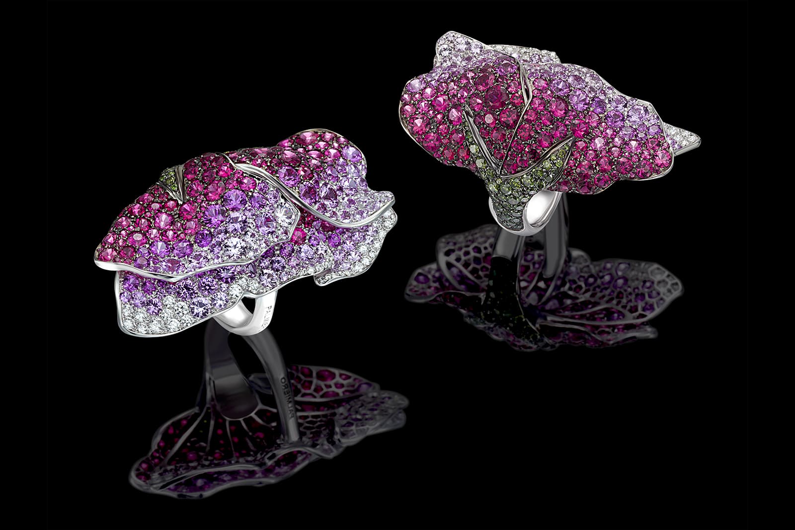  Palmiero Tulip Flower rings with shades of pink and purple gemstones 