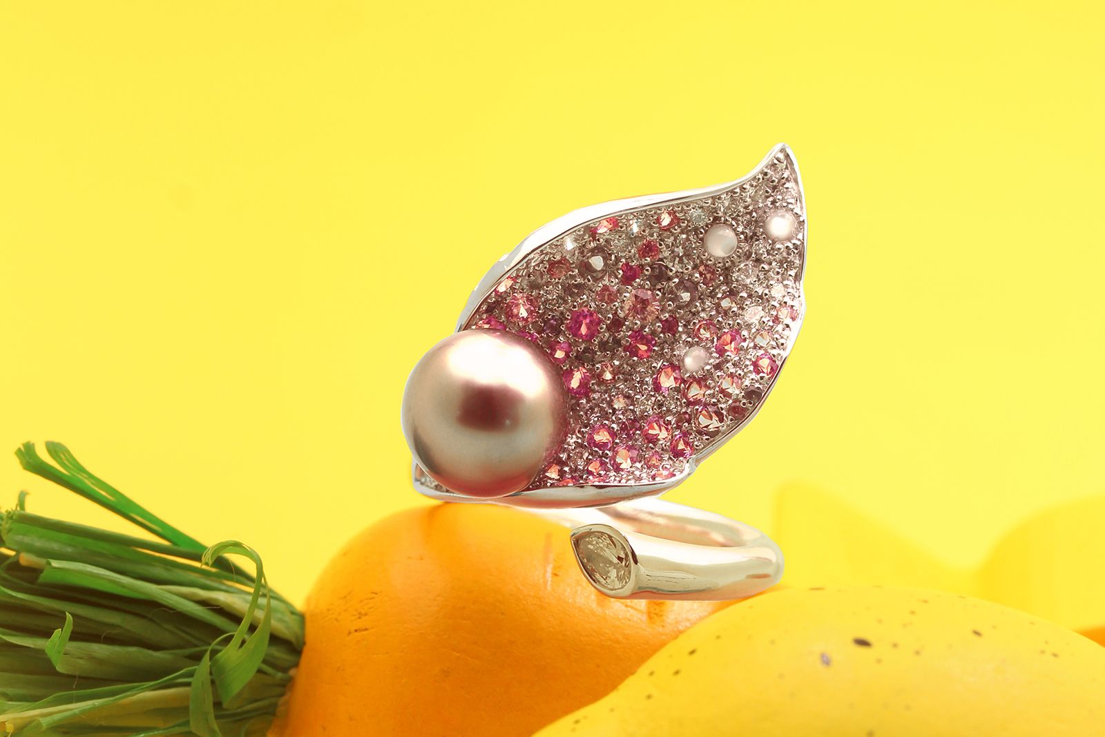 MATHON Paris Lys Calla ring with diamonds, coloured gemstones and a single pearl