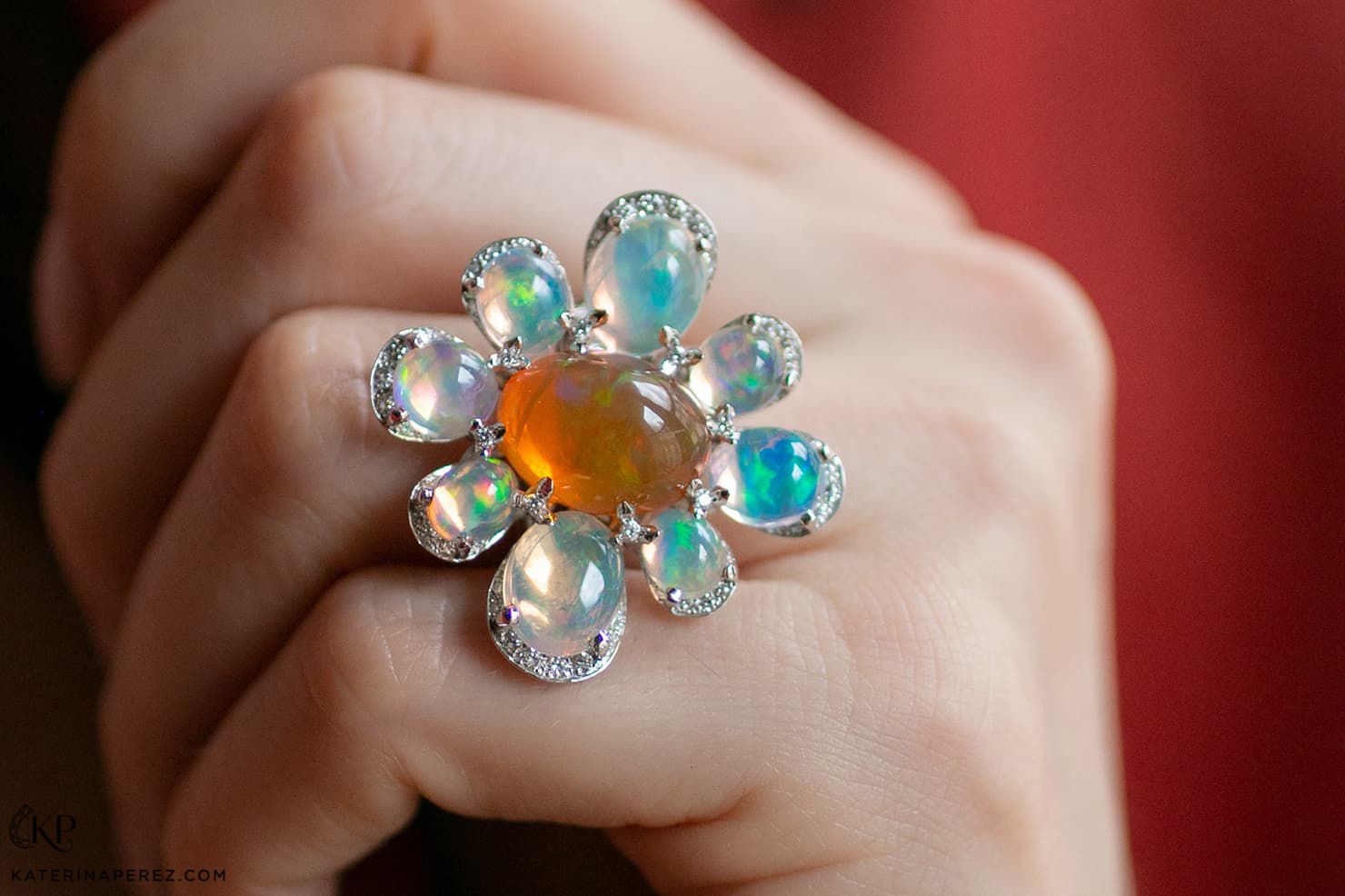  MATHON Paris Marguerite ring with opal cabochons 