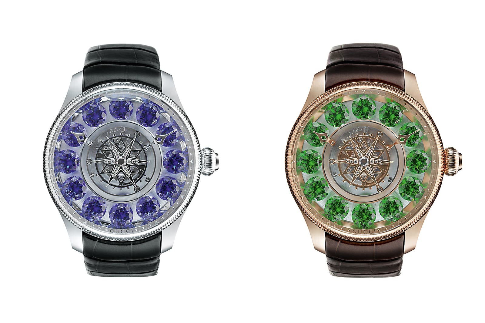  Gucci G-Timeless Planetarium watches with tanzanites and green tsavorites
