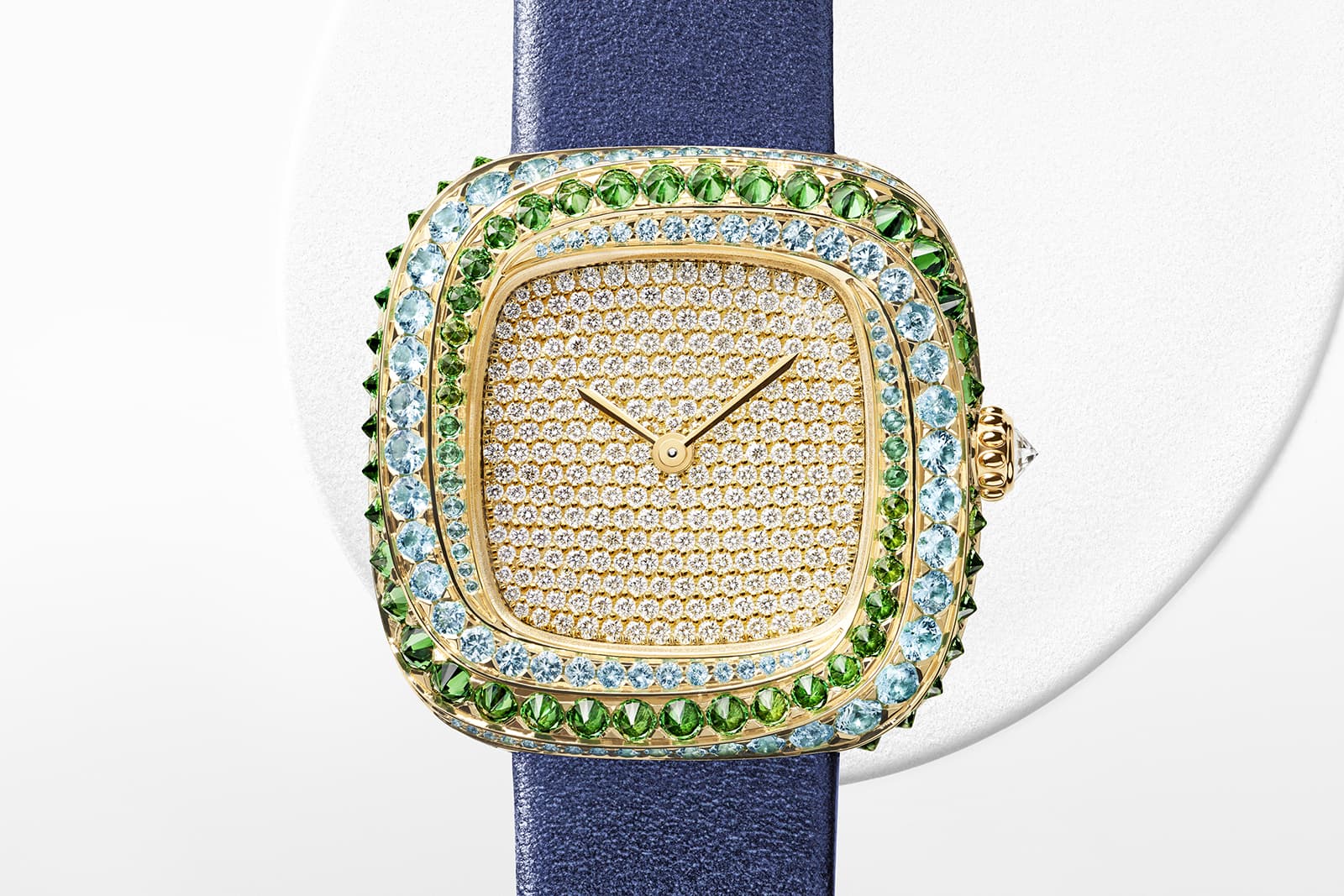 Coussin de Cartier watch with Paraiba tourmalines and inverted tsavorites