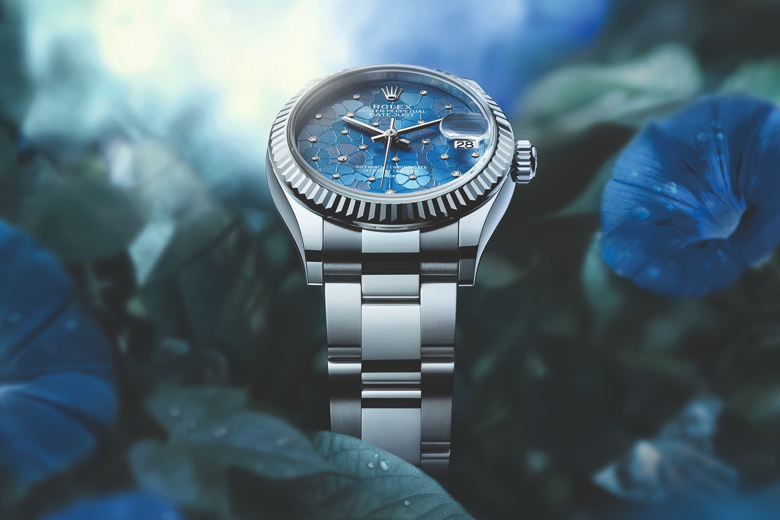 The Rolex Oyster Perpetual Datejust 31 watch with a floral-inspired dial design 