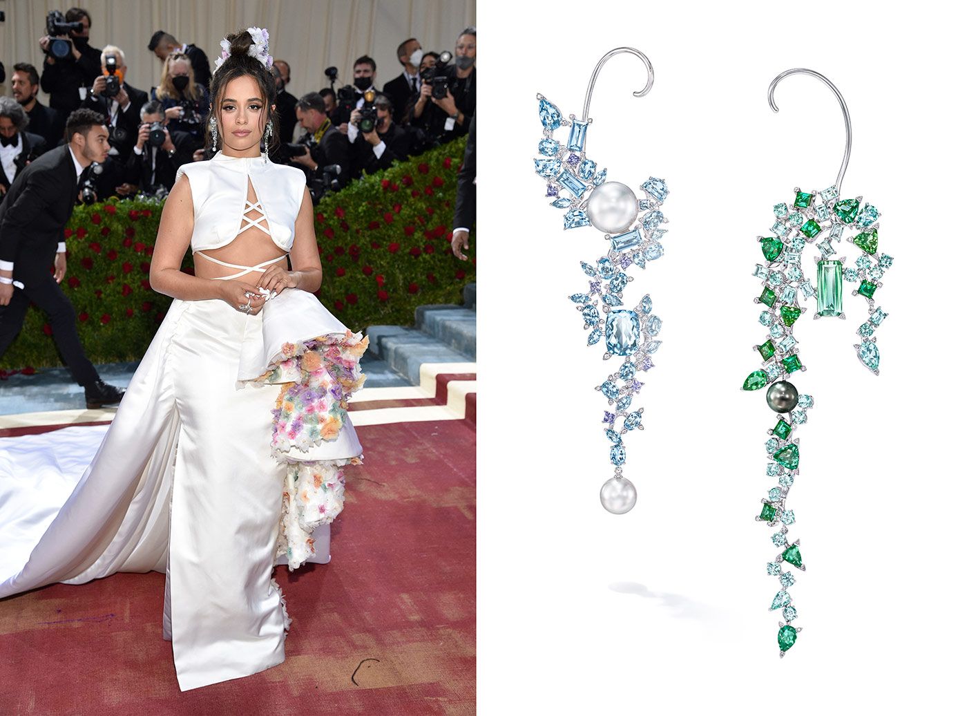 Camila Cabello in the TASAKI Forest Valley earrings with black and white South Sea pearls, diamonds, sapphires, tourmaline, beryl and aquamarines at the Met Gala 2022