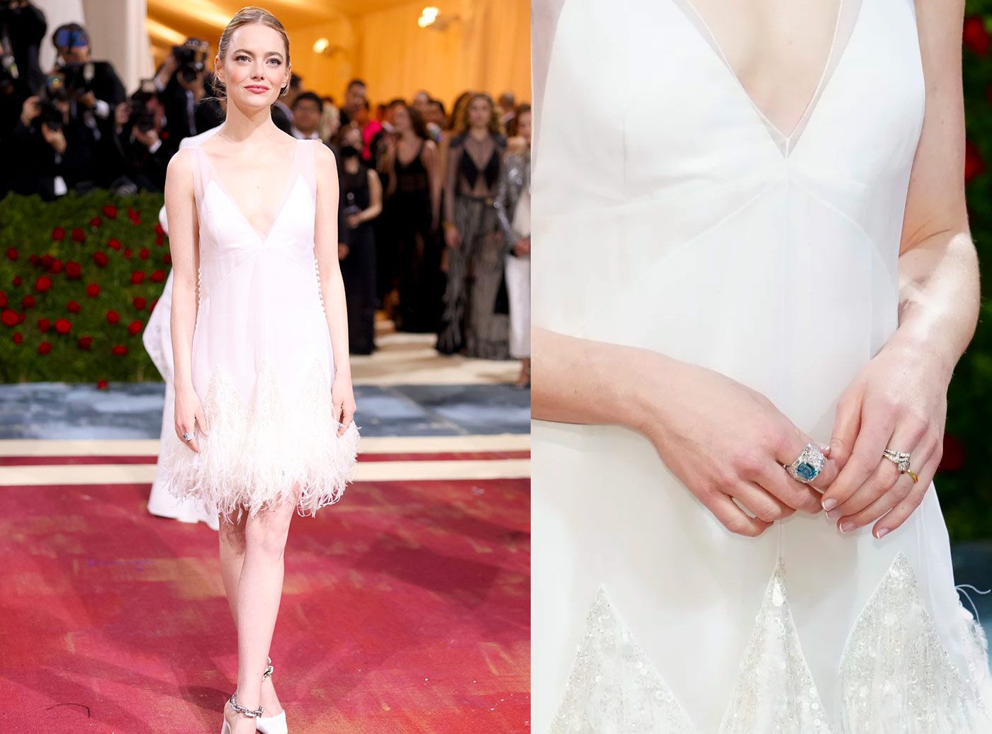  Emma Stone at the Met Gala 2022 wearing a selection of diamond and coloured gemstone rings